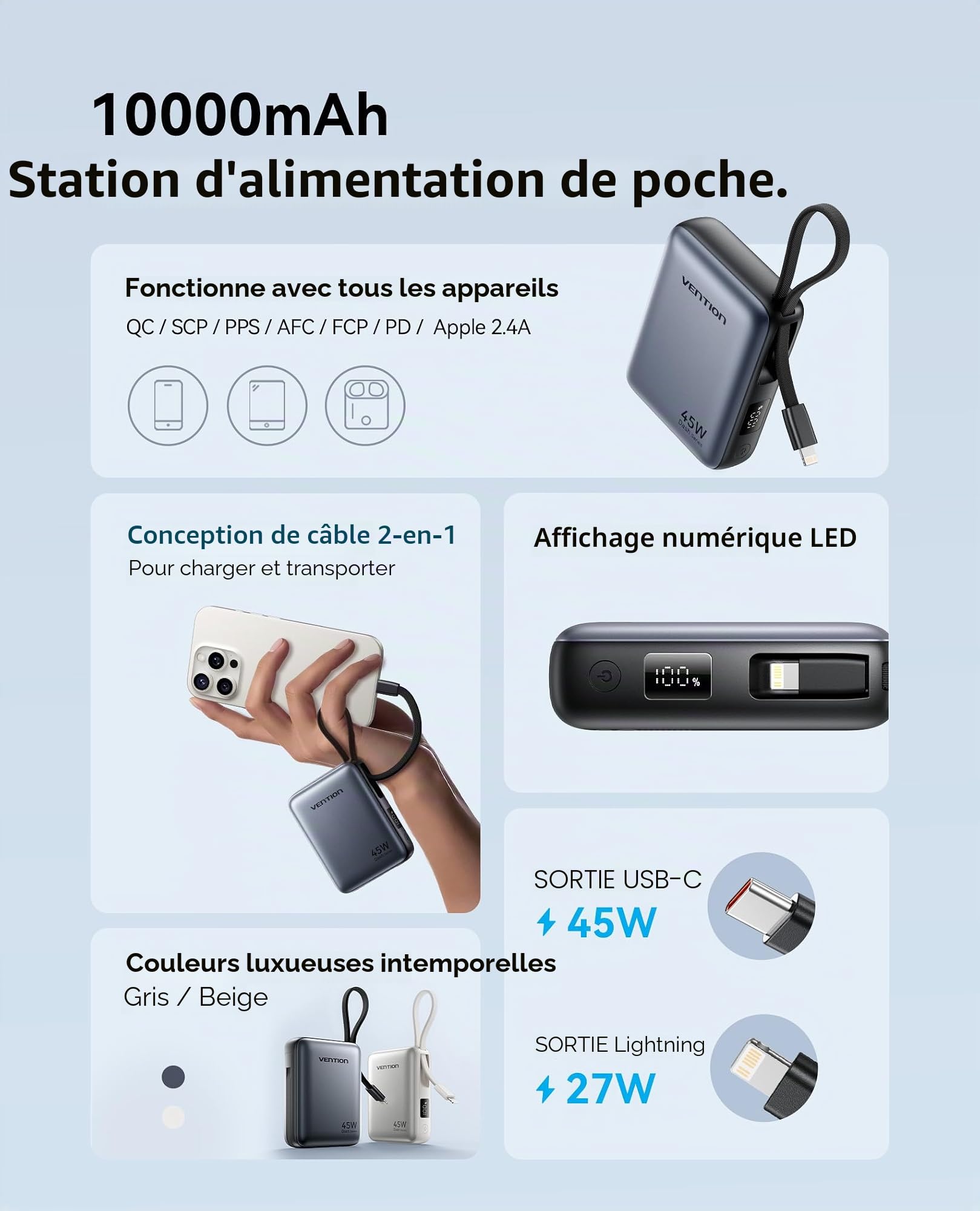 VENTION Mini 45W Batterie Externe, 10000mAh Câbles USB-C & Lightning Intégrés Power Bank, Portable Charge 3 Ports pour MacBook, iPhone 12-15 16 17 Pro Max, iPad, airpods, Galaxy S25 S24, LED