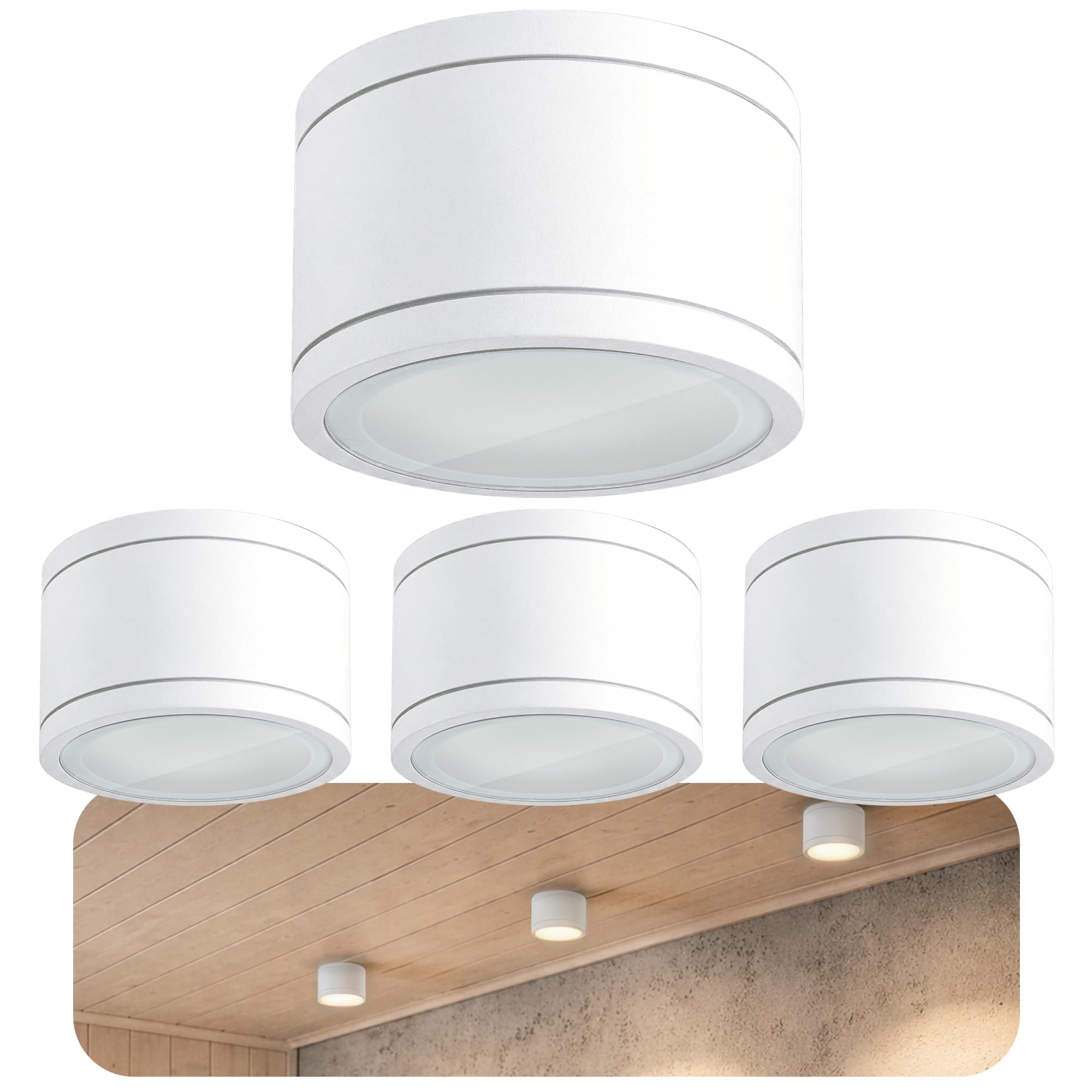 SSC-LUXon CELI-WX Aufbauspot 4 Stück weiß rund IP44 für GX53 | Vier flache Aufbaustrahler weiß rund für Bad & Außen - spritzwassergeschützt IP44, GX53 Fassung, Ø90mm (ohne Leuchtmittel)