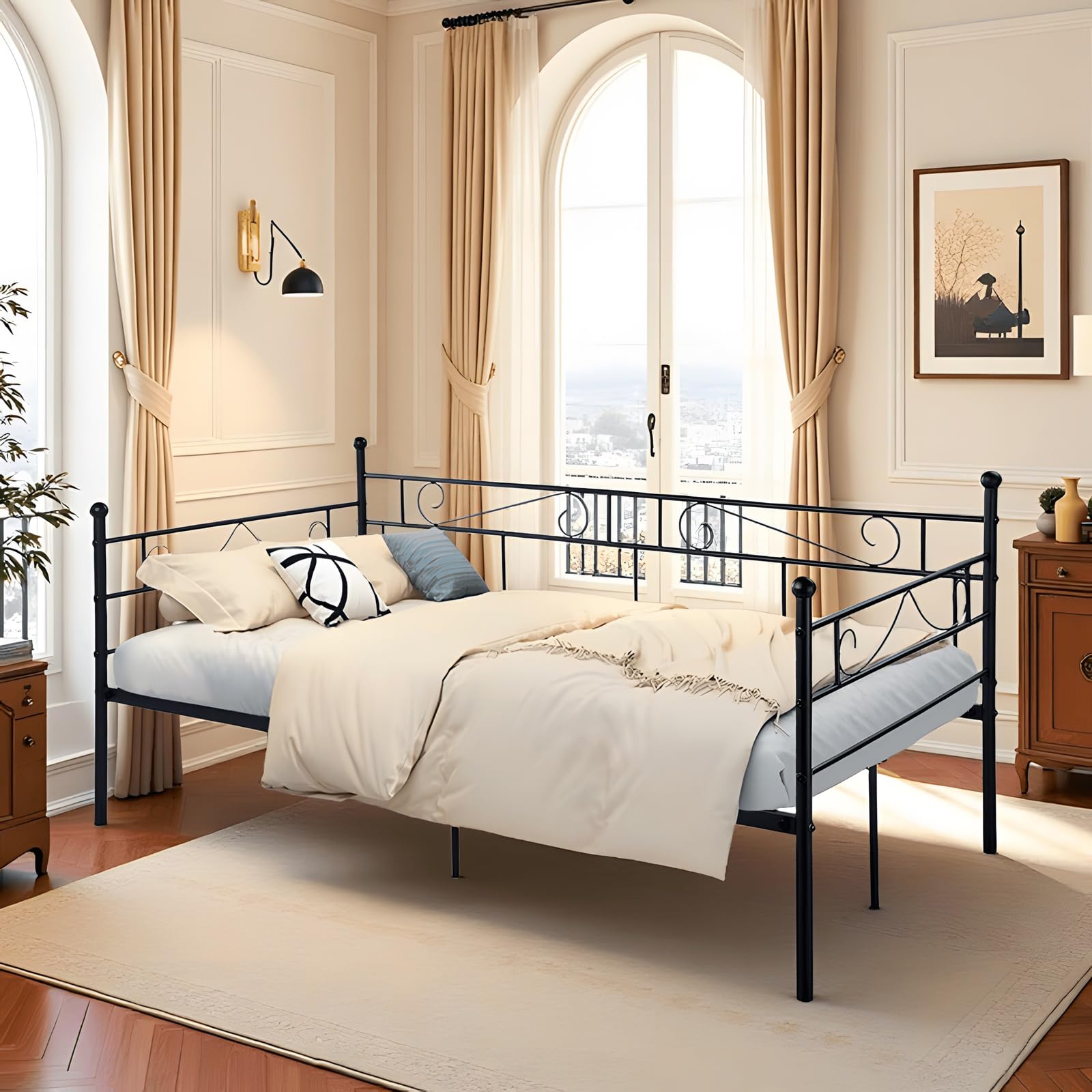Sofá Cama Divan Marco de Cama de Metal, Estructura de Cama para Colchón de 90 x 190 cm Sofá Diván Negro