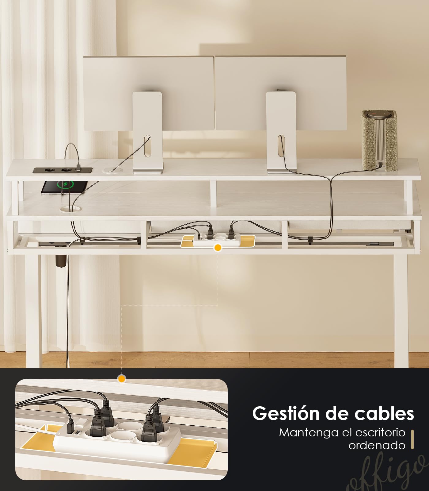 OffiGo Mesa Elevable Escritorio con Cajones, 120cm Escritorio Elevable con Soporte para Monitor, Mesa Gaming con Carga y Luces LED, Mesa Regulable Altura, Blanco