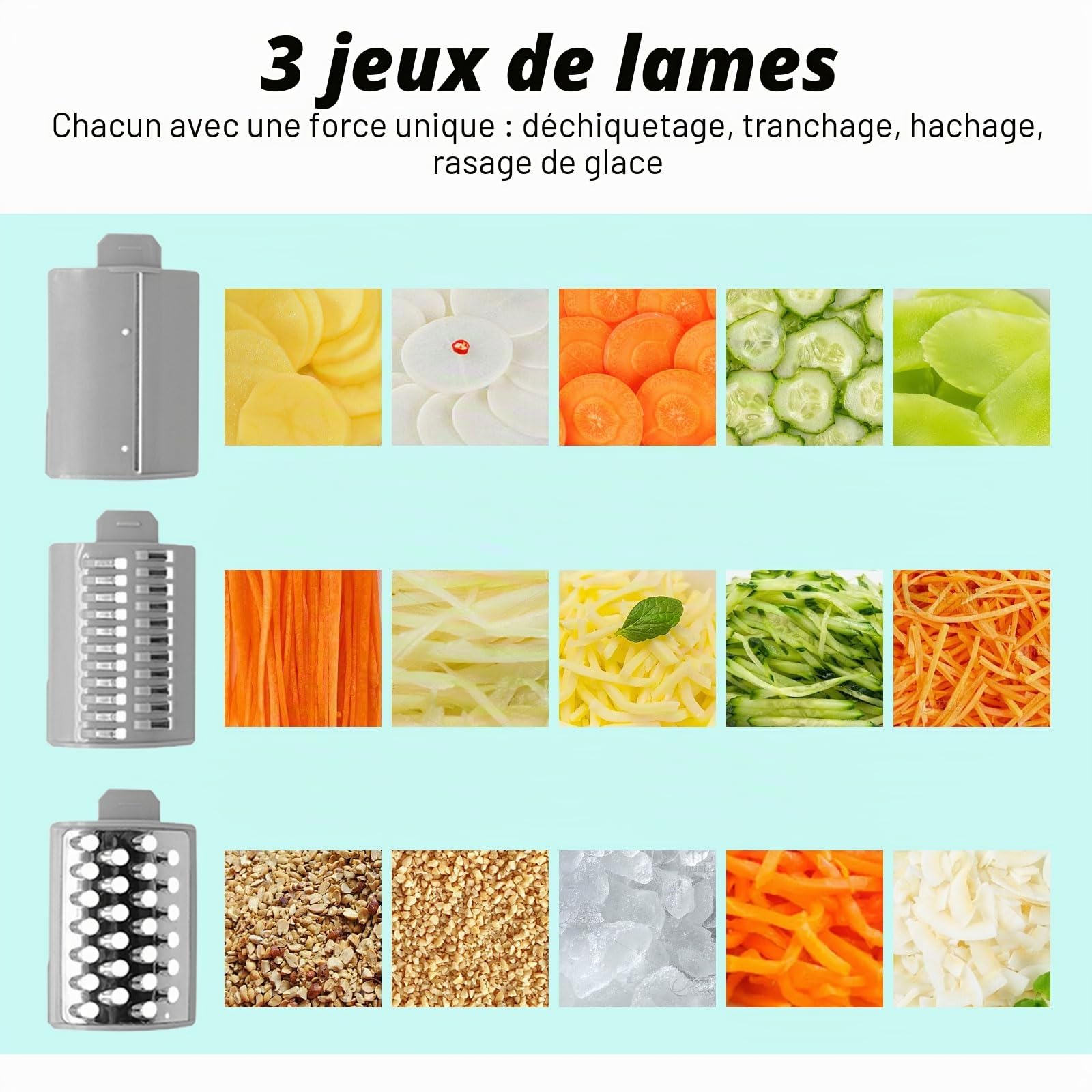 3 en 1 Rapeuse Legume Electrique, Decoupe Legumes Electrique avec 3 Lames, Facile à Nettoyer, 50W Coupe Legumes Multifonctions pour Fromage, Carottes, Pommes de Terre, Concombres