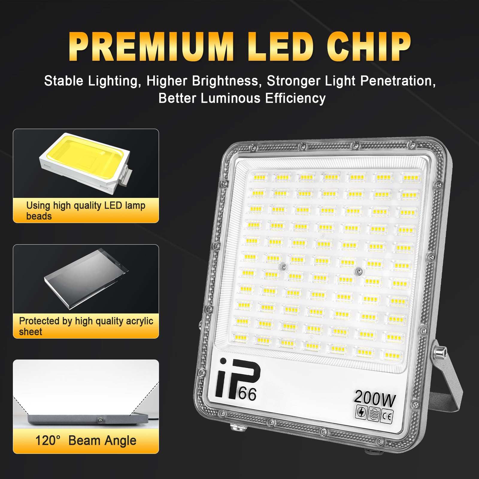 RIGIDON 200W Projecteur Led avec Prise, 20000LM Spot Led Extérieur