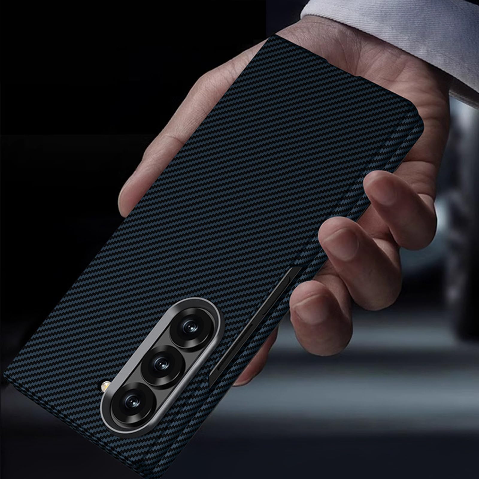 Smukłe etui do Samsung Galaxy Z Fold 6, wbudowana osłona ekranu ze szkła hartowanego, odporna na wstrząsy osłona ochronna cienka tekstura włókna węglowego, twarda obudowa, niebieska, składana
