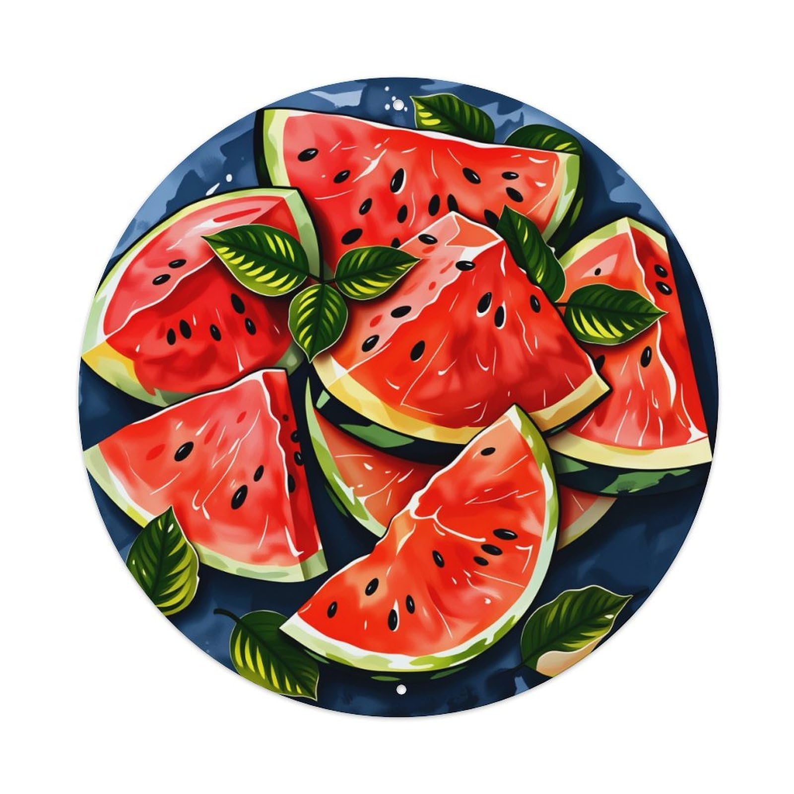 Watermelon Slices With Leaves Pattern Round Tin Sign Vintage Metal Poster Retro Bar, Home, Man Cave, Kitchen, Laundry Room Wall Art Decor Gift 8x8In