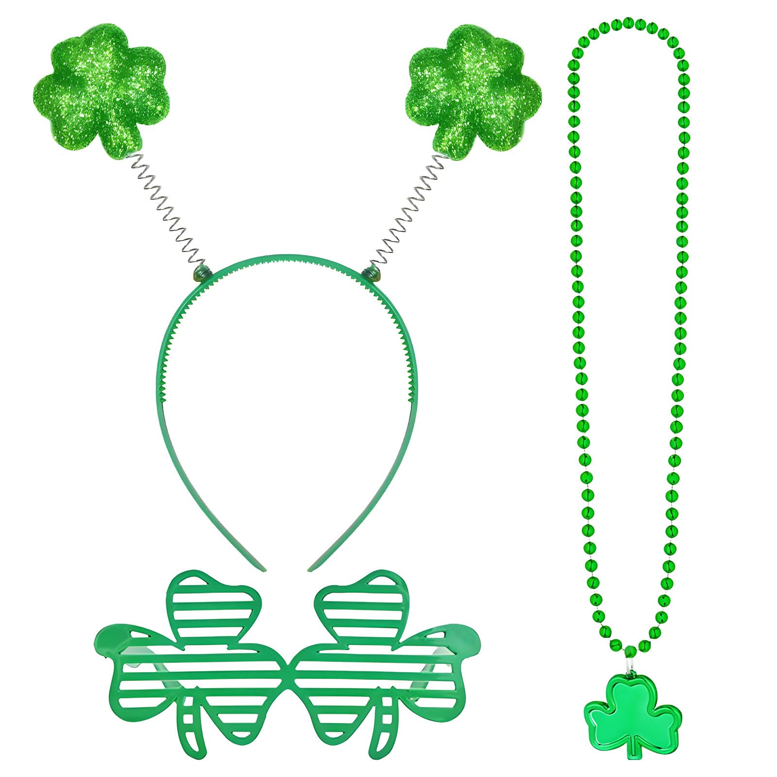 MICJLLT 3 Pcs St Patricks Day Accessories Set – Green Shamrock Boppers Headband, Novelty Shamrock Glasses & Beaded Necklace | Festive Party Favors, Costume Decorations for St Paddy’s Day Celebrations