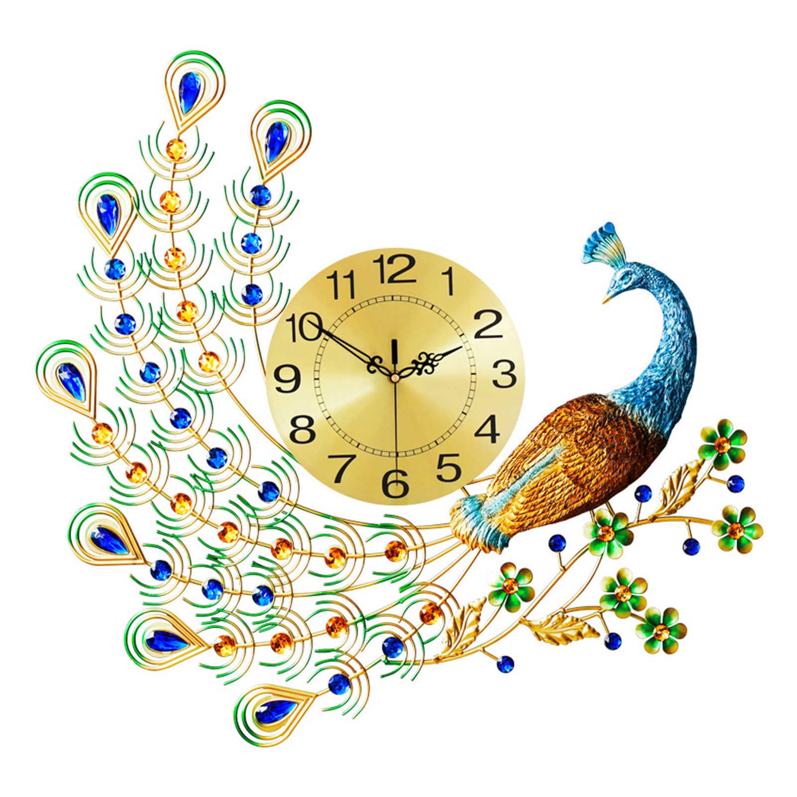 Metal Wall Art Clock, Gold Peacock Metal Wall Art Clock - Large 3D Quartz Crystal Diamond Decor, Perfect Home Décor for Living Room Hotel Decoration