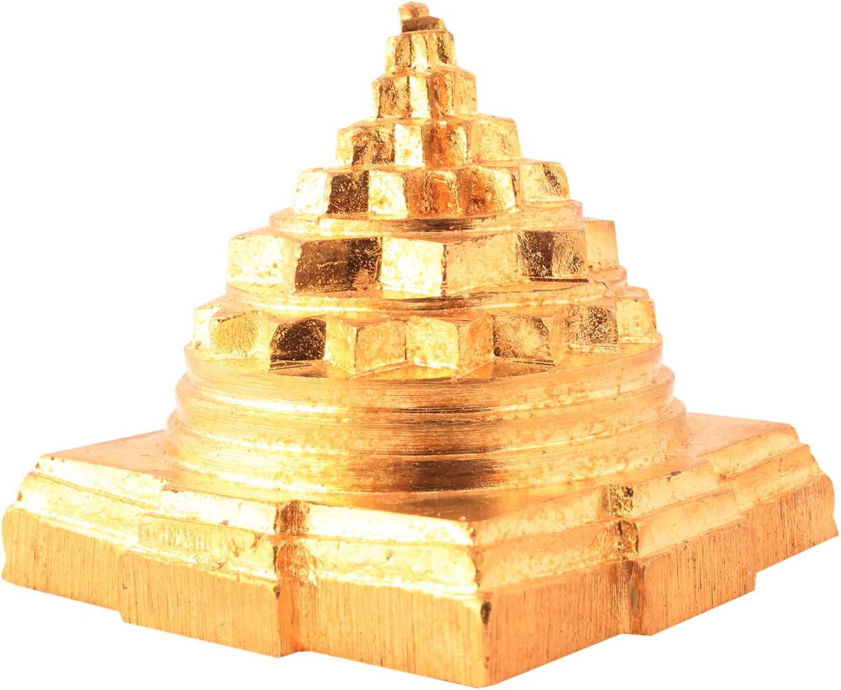 Petrichor Indian Solid Sumeru Shree Yantra Pyramid for Pooja home, Gold colour
