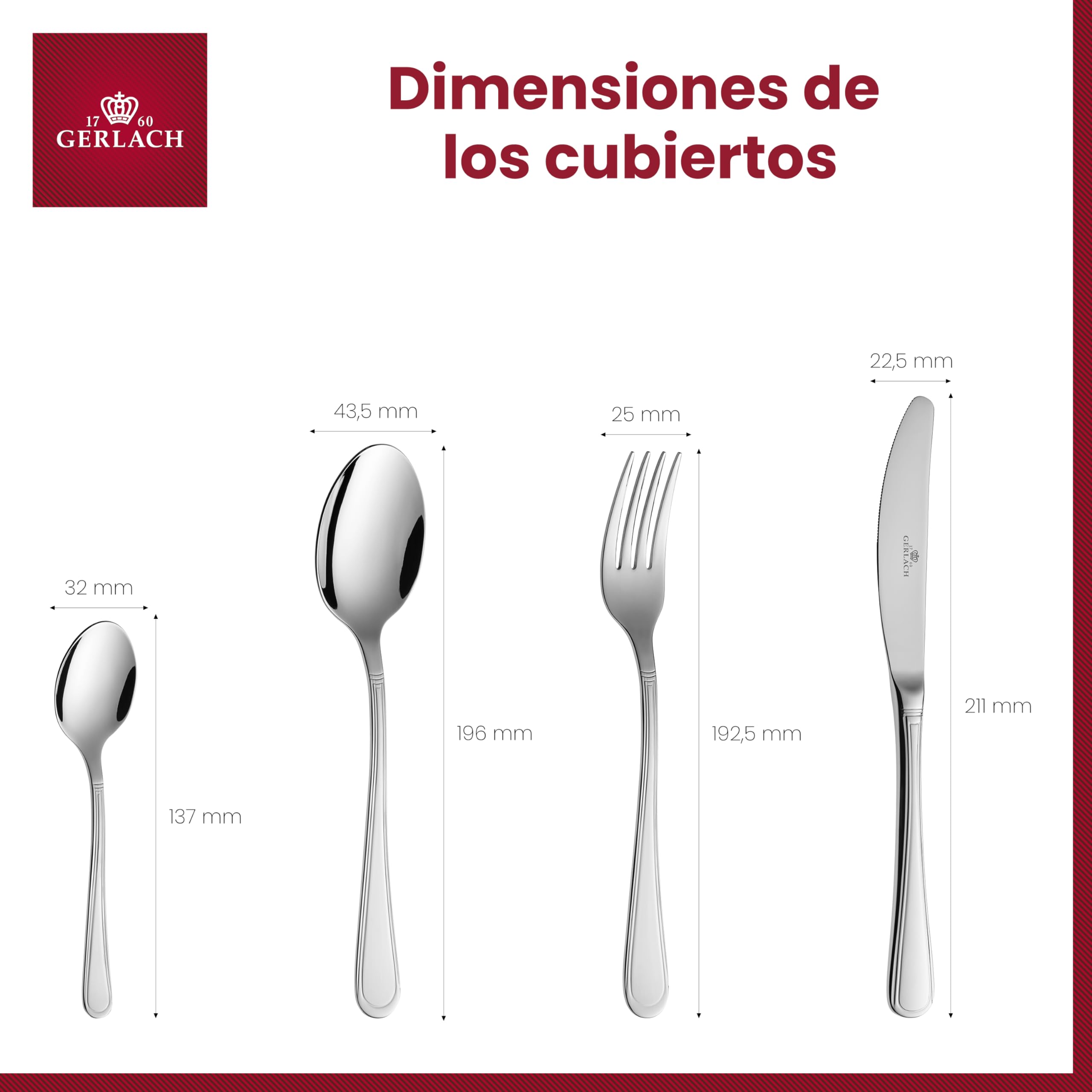 Gerlach - Cubertería Brillante Antica, Acero Inoxidable, Plata, 30 x 27 x 5 cm, 24 Unidades