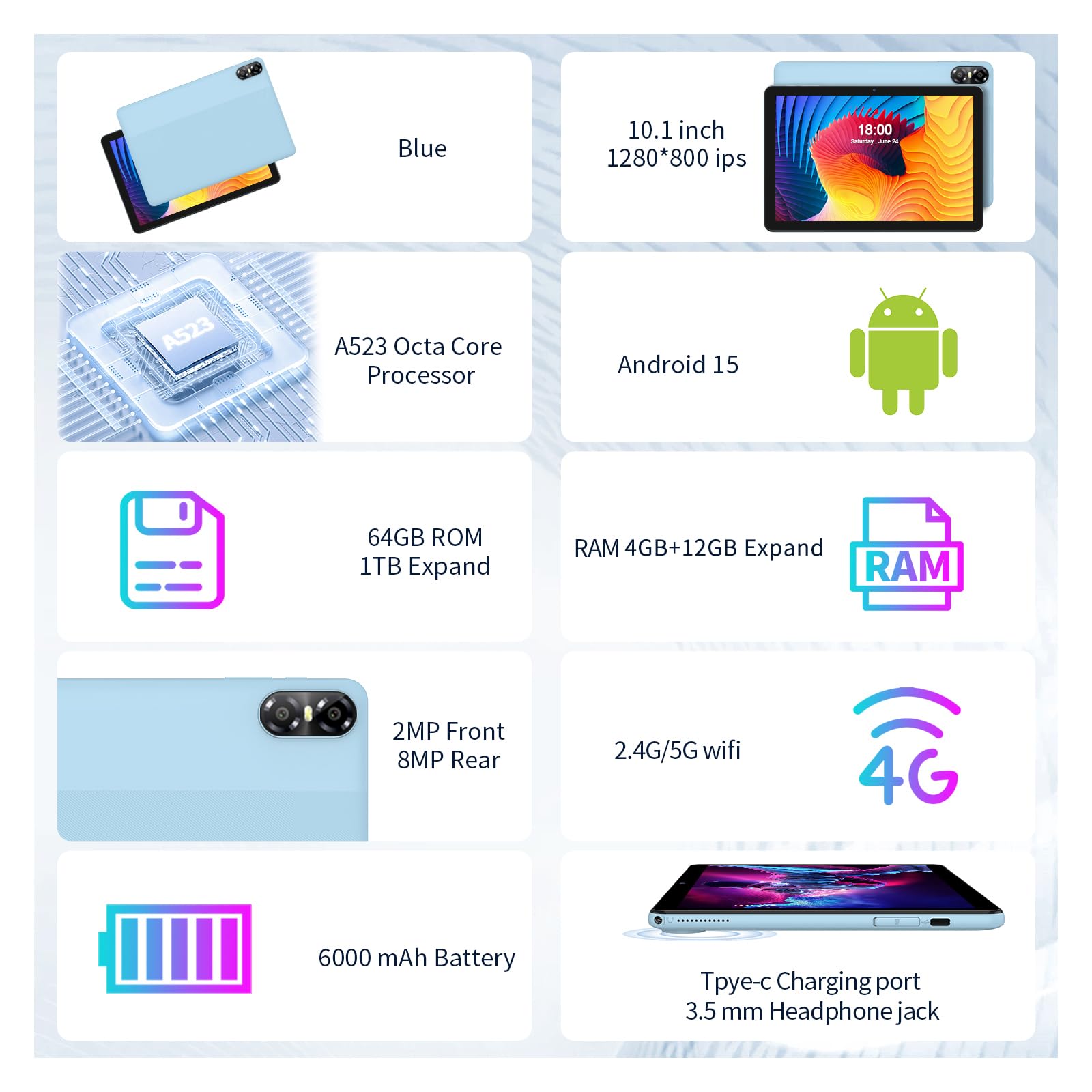 PRITOM 10 Zoll Tablet, 6-in-1 Tablets, 16 GB, 64 GB ROM, Android 15, 1024GB Expand,Qcta core, WiFi 6, 6000 Mah, Tablet PC mit Tastatur, Maus, Case,Grau