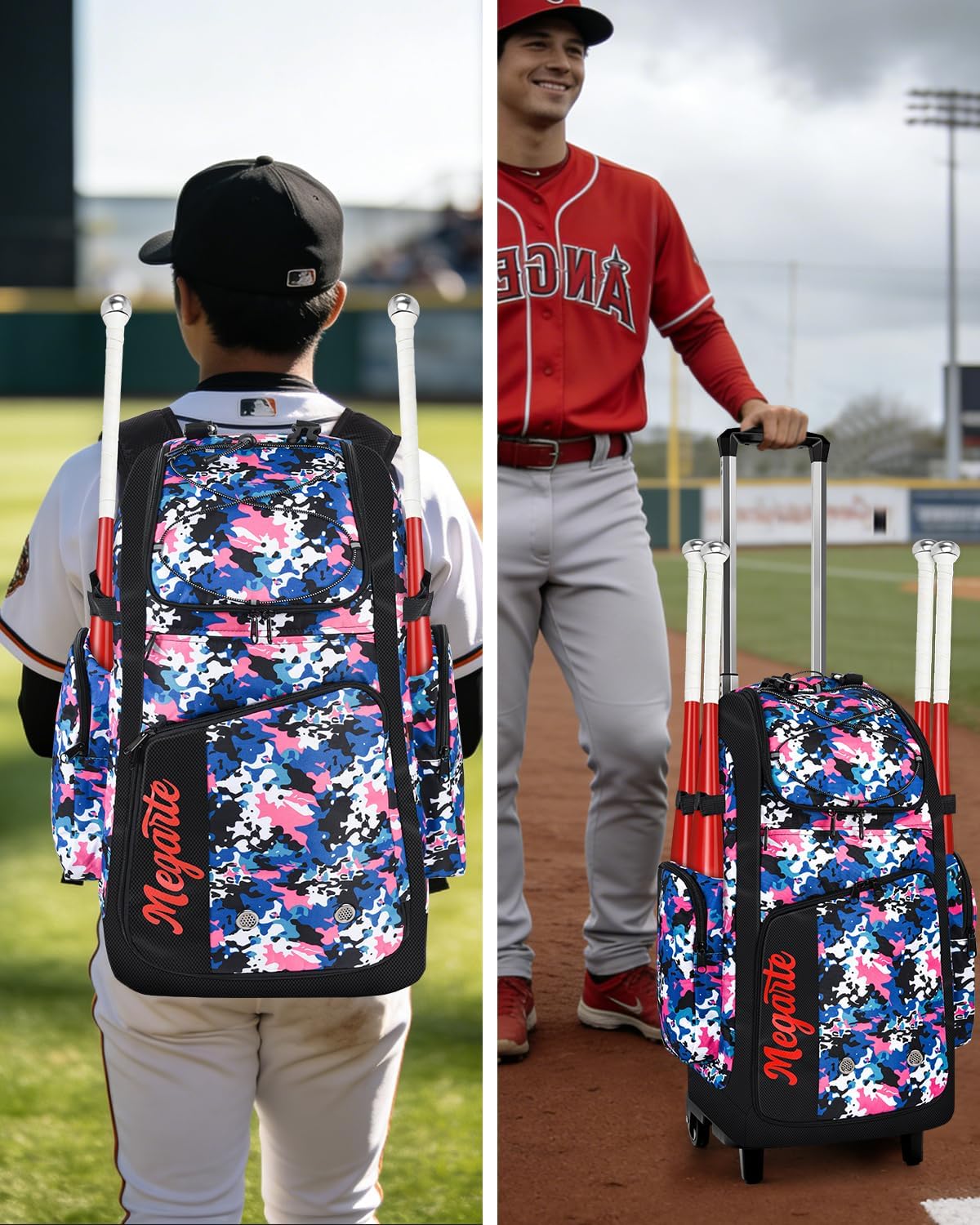 Rolling Baseball Bag With Wheels, 60L Baseball Backpack Softball Bag Holds 4 Bats With Helmet & Catcher Gear Storage and Independent Shoe Compartment, Wheeled Bat Equipment for Youth and Adults