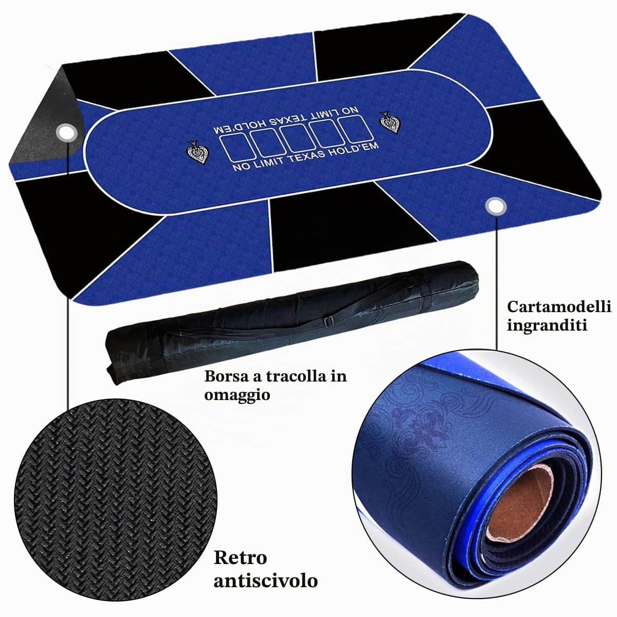 Tappetino da poker professionale, 180 x 90 cm, 8 giocatori, in gomma, portatile, Texas Hold'em, con borsa per il trasporto, per giocare a carte, giochi di poker, blackjack, casinò