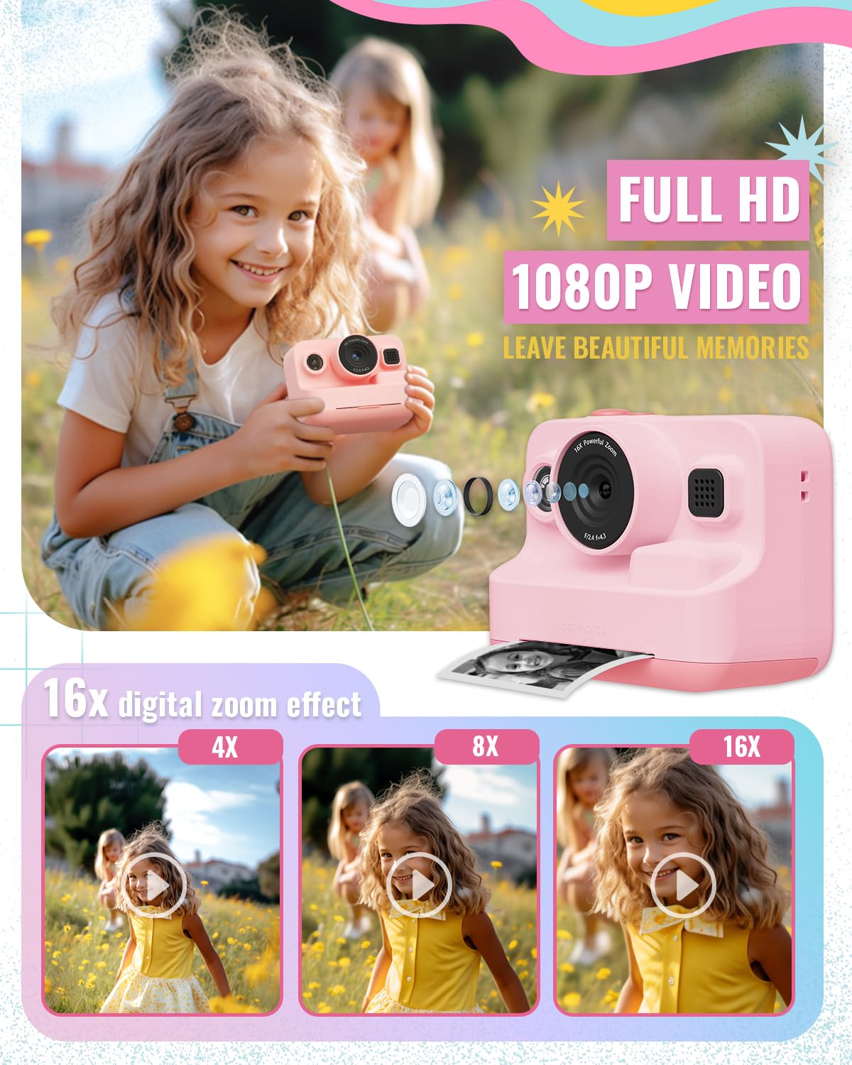 Kindercamera Met Direct Afdrukken – Paars, 12 MP, 1080p Video, 2.4" Scherm, 32GB Kaart, 4 Rollen Papier, 6 Kleurpotloden – Voor 3-12 Jaar