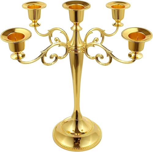 Miniatura 8 de FANWNKI Candelabros de metal de 5 velas de 10.3 pulgadas de alto para decoración del hogar, boda, Navidad, iglesia, fiesta de Halloween, tulipán de