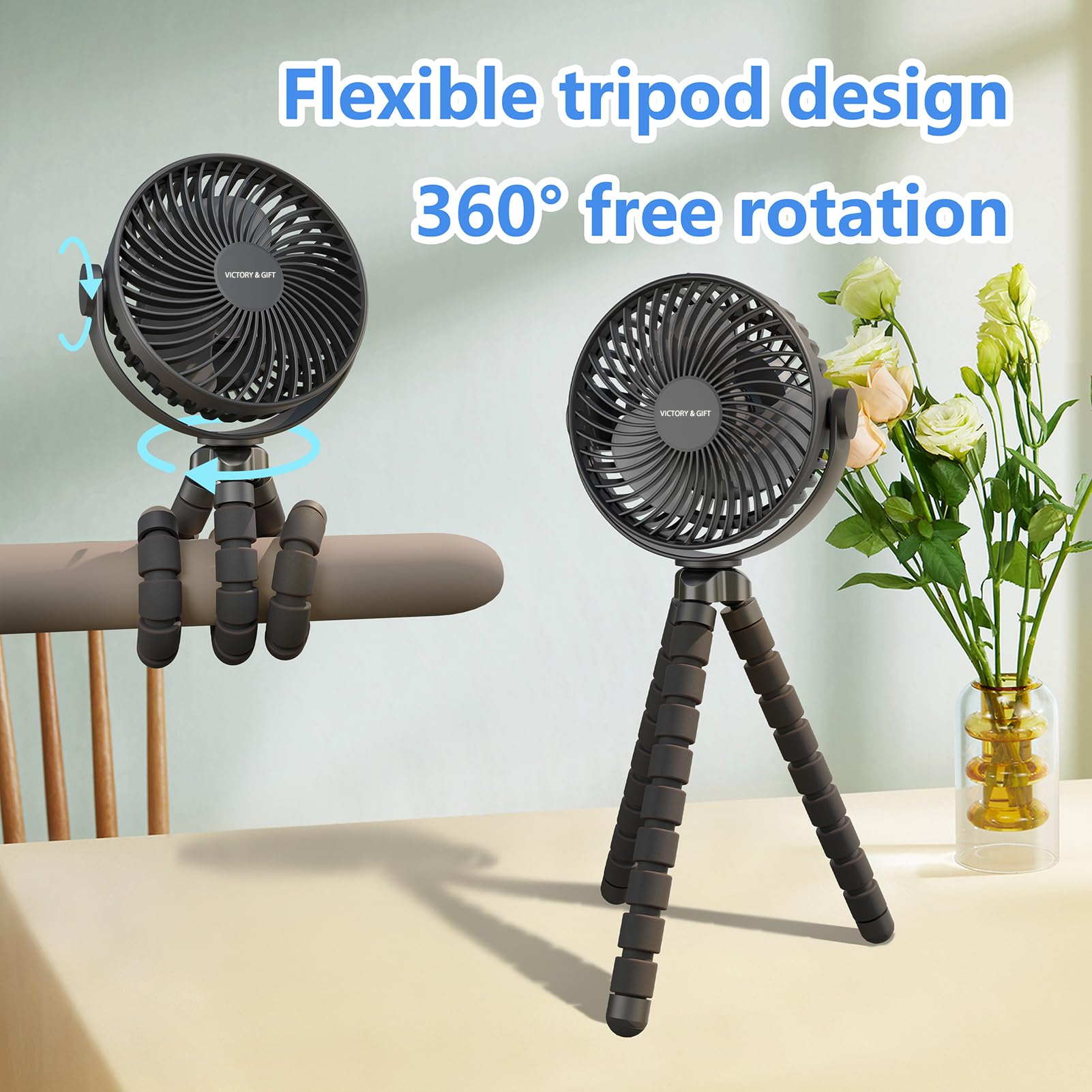 VICTORY & GIFT Portable Stroller Fan Handheld Fan 4 Wind Speeds, 4000mAh?360° Rotatable for Travel/Camping/Treadmill/Car Seat/Bedroom