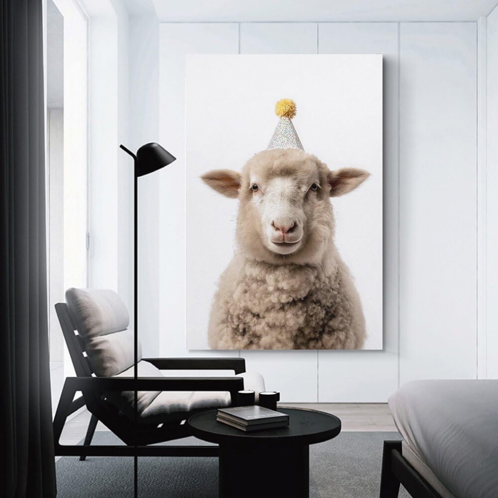 Junmoney Cute Sheep with Party Hat Canvas Art Print, 20x30inch(50x75cm), for Wall Displays, Bedrooms Or Room Updates, Home Wall Art for Statement Displays