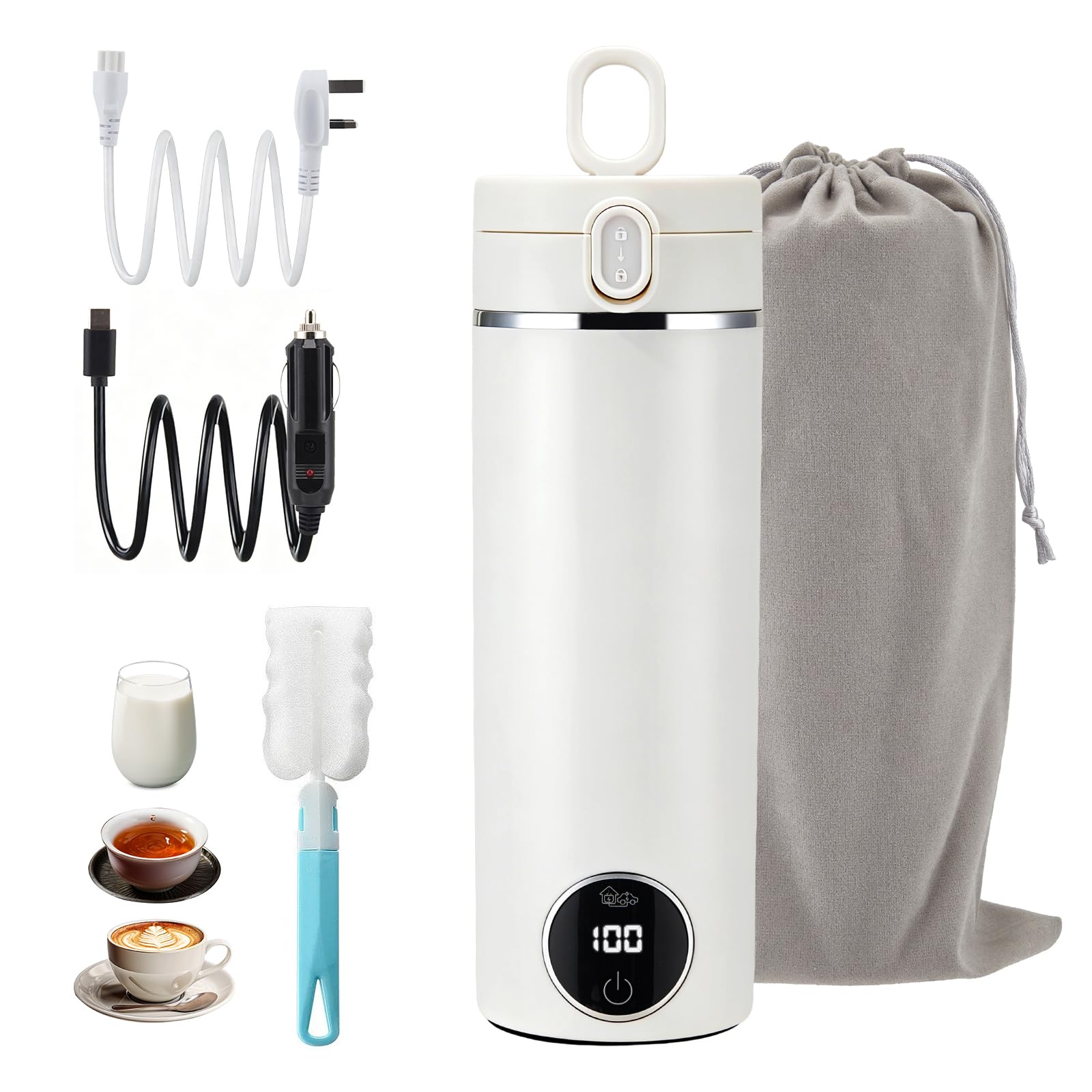 Travel Kettle 500ml, Portable Electric Kettle with 6-Temperature Control, Dual Power for Home & Car, 24H Keep Warm, LCD Display, Auto Shut-Off, for Travel Home Office, Ideal for 1-2 Persons, White