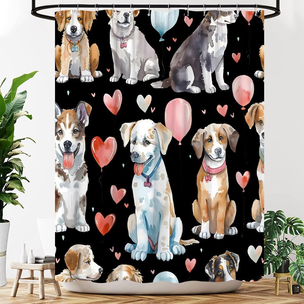 Watercolor Dogs Shower Curtain Funny Cute Animal Love Heart Farmhouse Women Girls Boys Fabric Bathroom Decor Curtains with Hooks, 70" Wx84 H