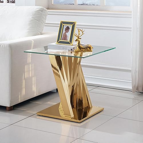 Miniatura 36 de Mesa consola de cristal dorado de lujo moderna de 55 pulgadas, mesa de entrada delgada con base de acero inoxidable brillante con espejo Consola