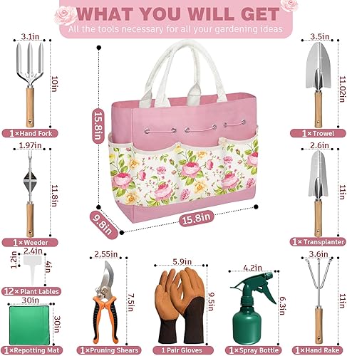 Miniatura 2 de Juego de 22 herramientas ergonómicas de jardín para mujeres, kit de herramientas de mano de alta resistencia, incluye práctica bolsa de mano,