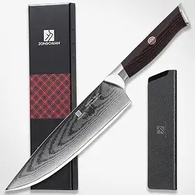 Faca de chef, conjunto de facas damasco de 20 cm, faca de cozinha de aço inoxidável de alto carbono de 67 camadas, facas de corte afiadas profissionais com cabo ergonômico G10 vermelho preto, caixa de