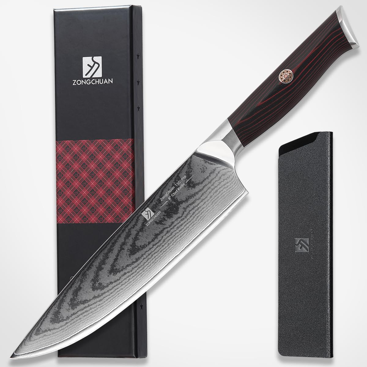Chef Knife,8inch Damascus knife set,67-Layer High Carbon Stainless Steel Kitchen Knife,Professiona Sharp Cutting Knives with Ergonomic G10 Red Black Handle,Gift Box for Home and Kitchen Birthday Gift