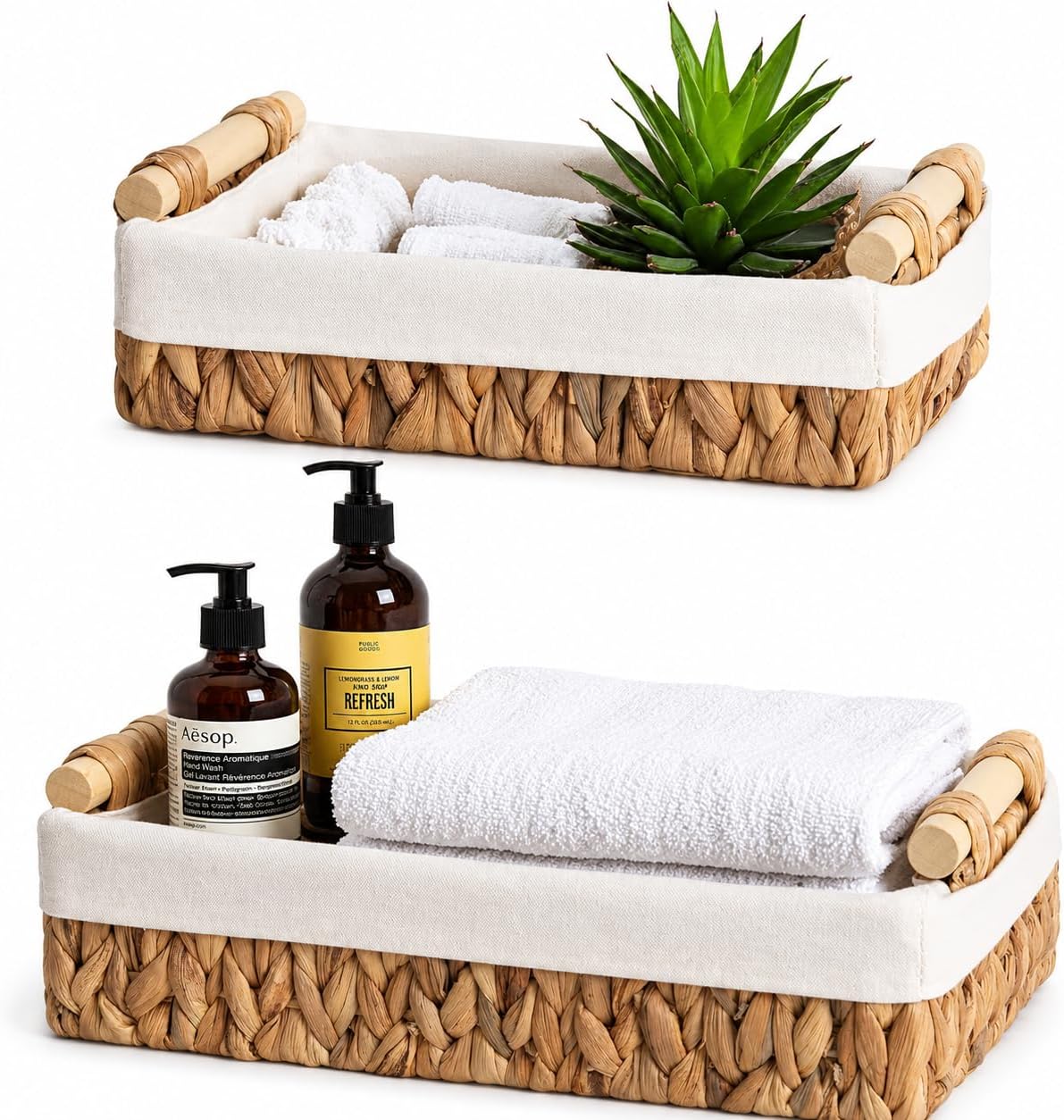 Water Hyacinth Bathroom Baskets for Shelves Set of 2 with Linen Liner & Wooden Handles – Wicker Bathroom Counter Organizer for Vanity, Towels & Toiletries