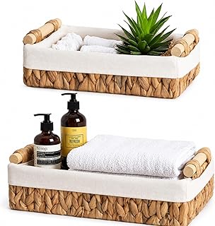 Water Hyacinth Bathroom Baskets Set of 2, Wooden Handles