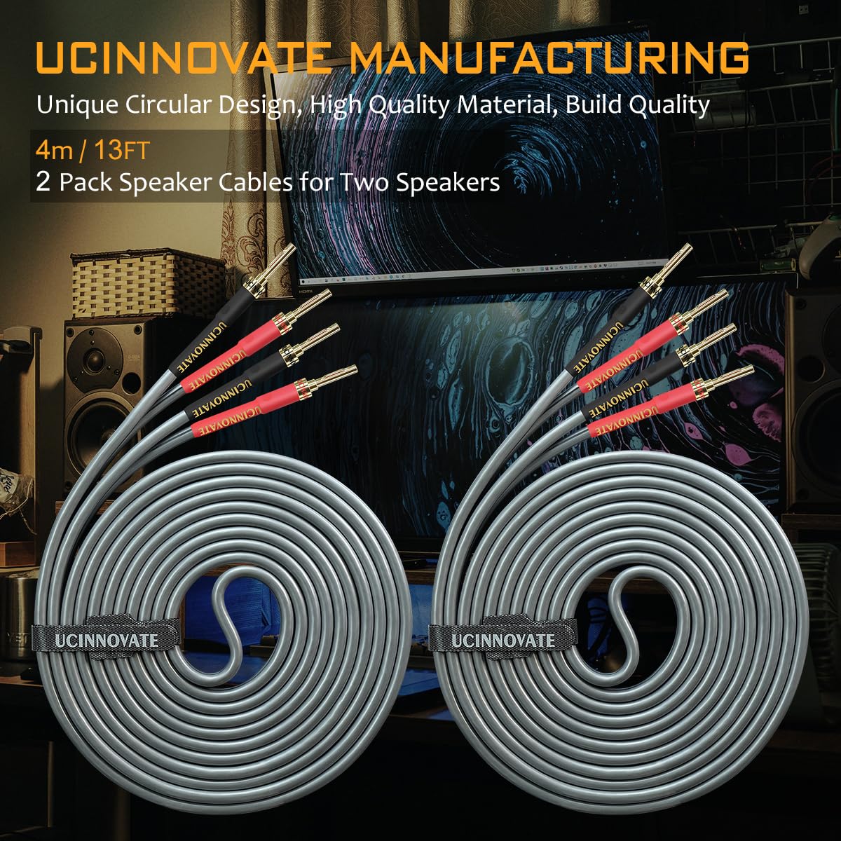 UCINNOVATE Cavo per altoparlanti OFC di alta qualità bi-cablato, resistente, 12 AWG, confezione da 2 cavi per audiofili HiFi per saldatura a freddo con connettori a banana placcati in oro, per