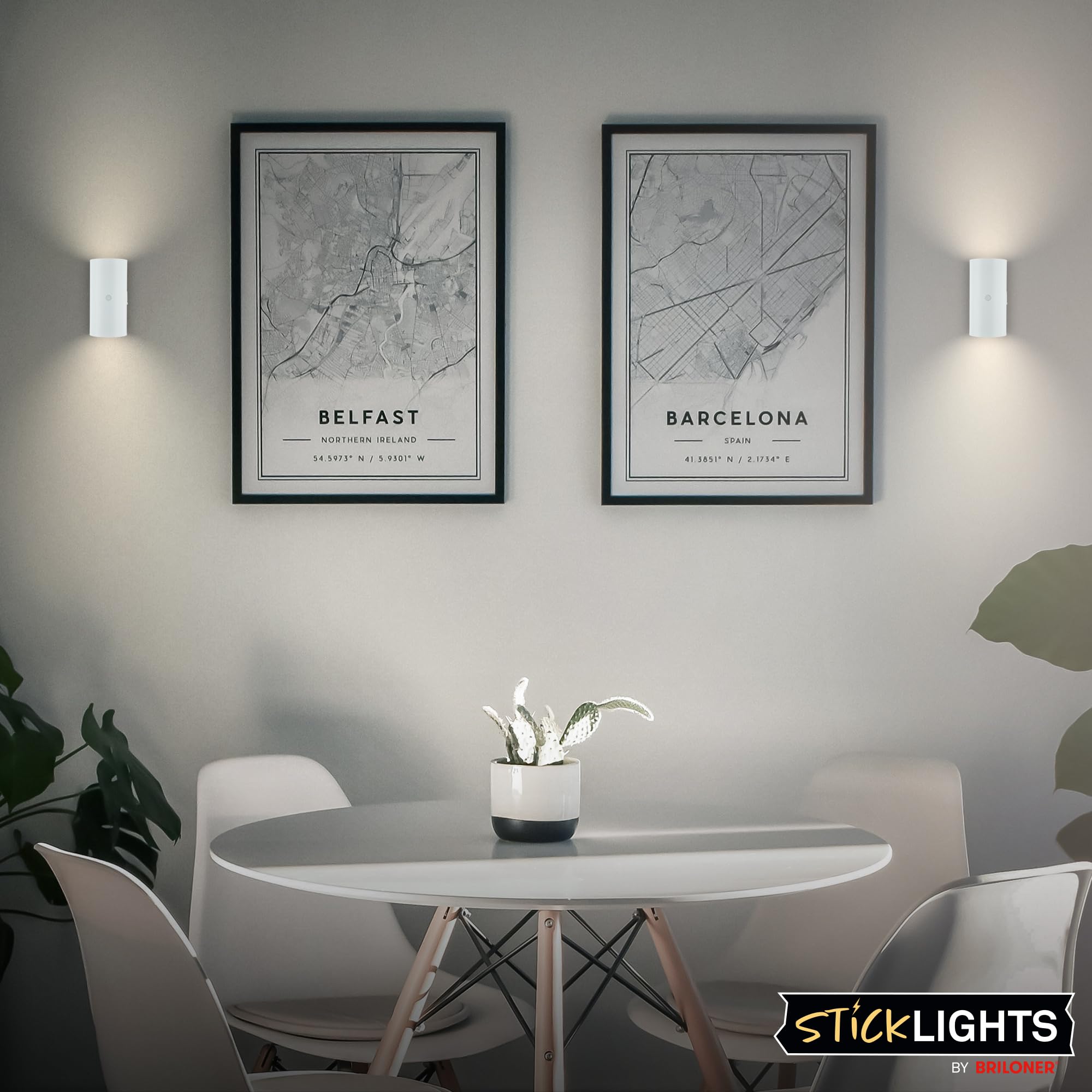 BRILONER Sticklights lampa ścienna bez prądu i wiercenia z baterią, dotykowa, możliwość ściemniania, ciepła biel, bezprzewodowa, do ponownego ładowania, na ścianę, 6,1 x 12 cm, biała