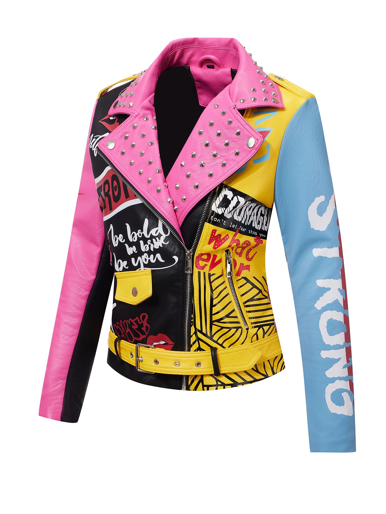 Giolshon Damen Kunstleder Jacke Nieten Floral Moto Biker Kurzer Revers Mantel