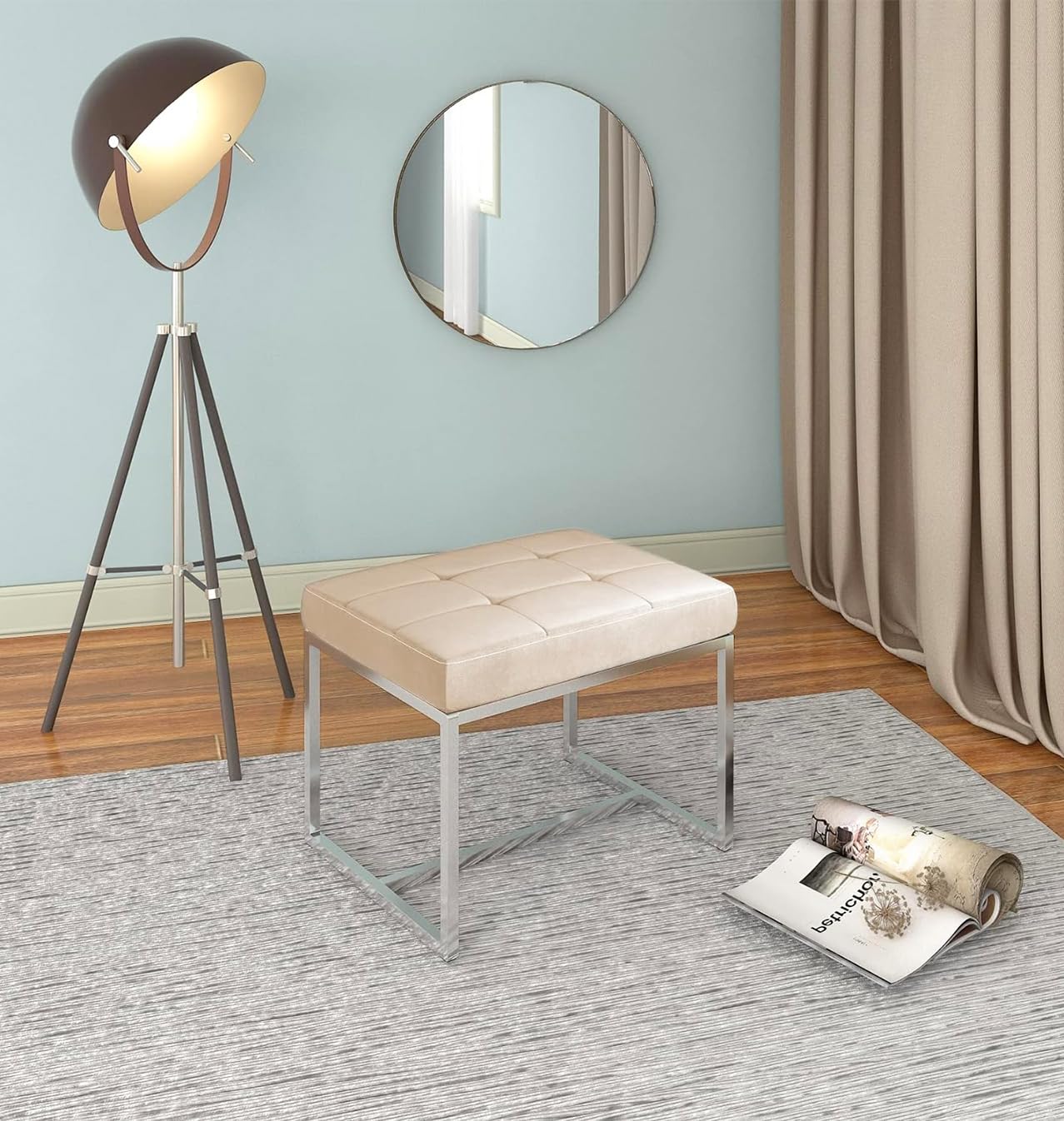 Taburete de terciopelo marrón claro Finley con base cromada y asiento acolchado
