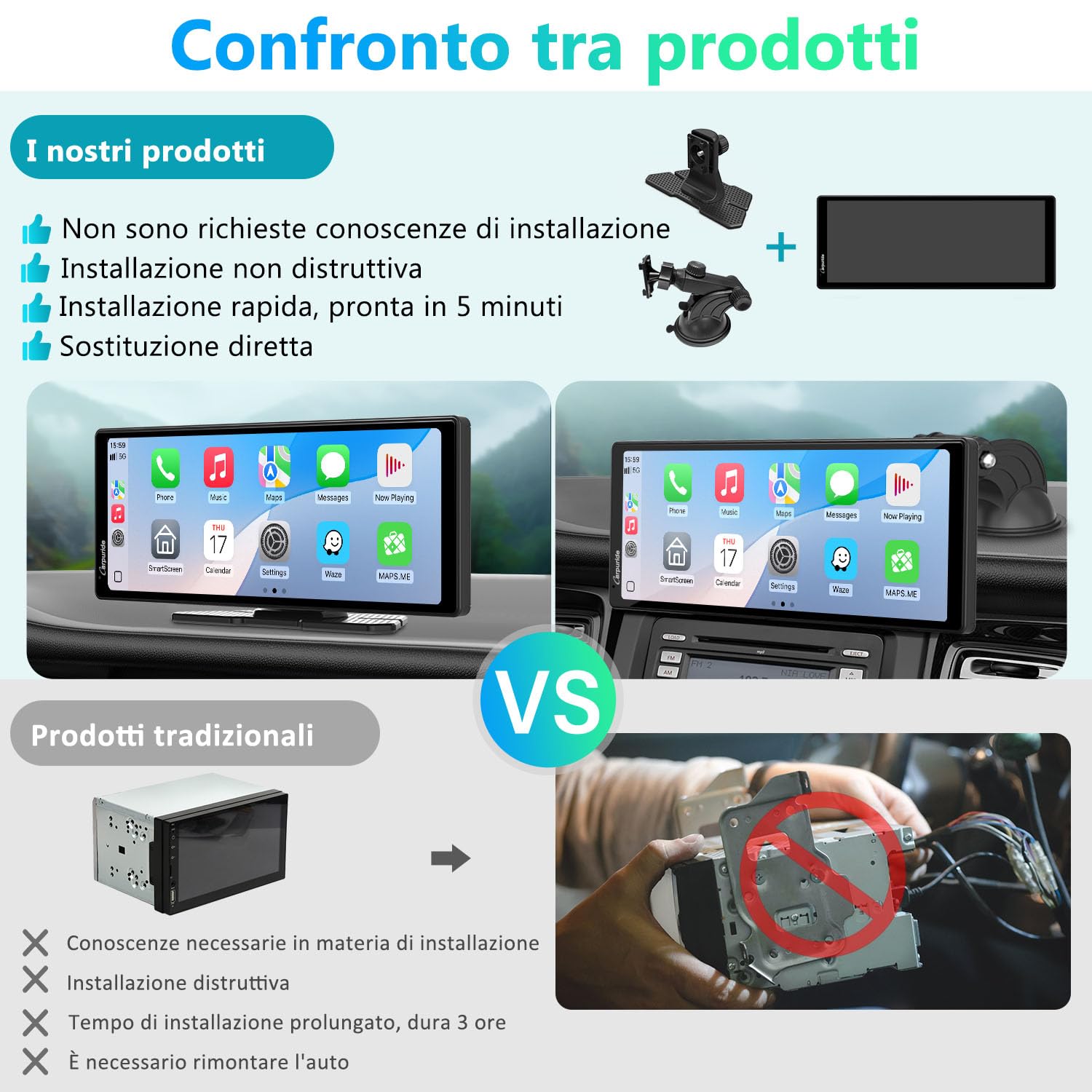 CARPURIDE V92R - Schermo portatile per carplay wireless e Android Auto, touch screen HD da 10,26 pollici, 1080p, con telecamera di backup 720p, BT 5.0, supporto Mirror Link per camion e camper