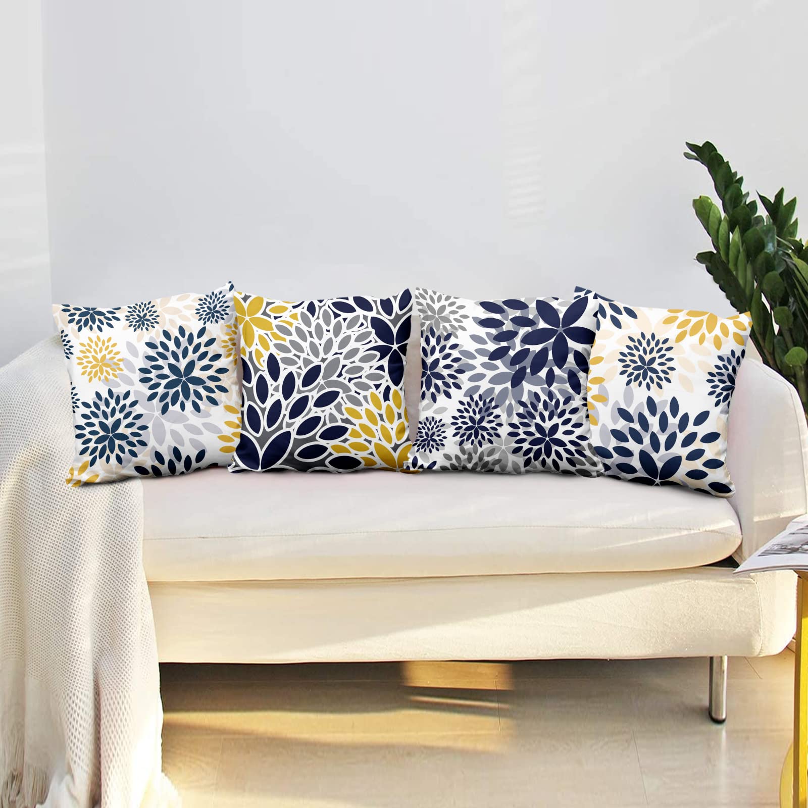 Aoihrraan Fodere per Cuscini Set di 4, Cuscino Floreale Boho Copre Fiore Blu E Giallo Morbido Peluche Corto Quadrato Federa per Divano Camera da Letto Auto Sedia Casa Decoro 60x60cm