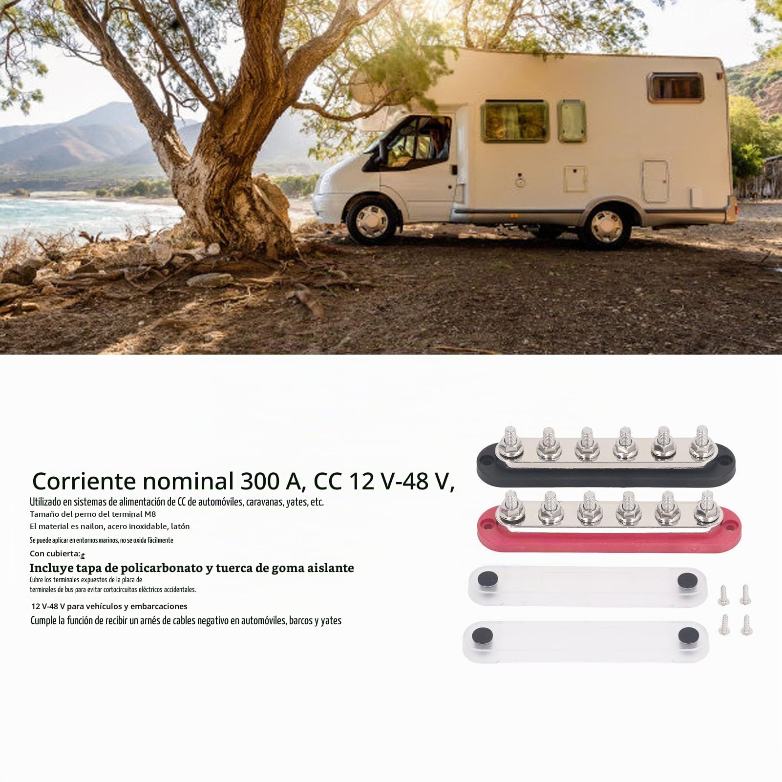 2 Uds M8 Barra Colectora Bloque de Distribución de Energía Batería Marina Automotriz Bloque de Terminales Barra Colectora del Bloque de Terminales Juego 300A 12‑48V con Cubierta