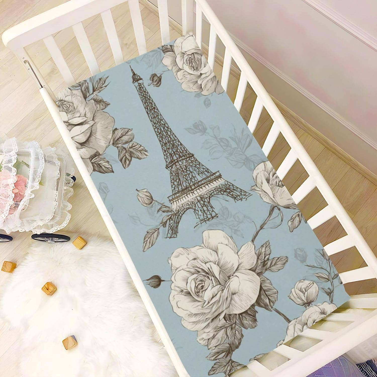 Crib Sheets Baby for Boys Girls Breathable Neutral Toddler Bed Sheets for Standard Size Toddler Mattress 39x27 Inch Vintage Eiffel Tower and White Roses