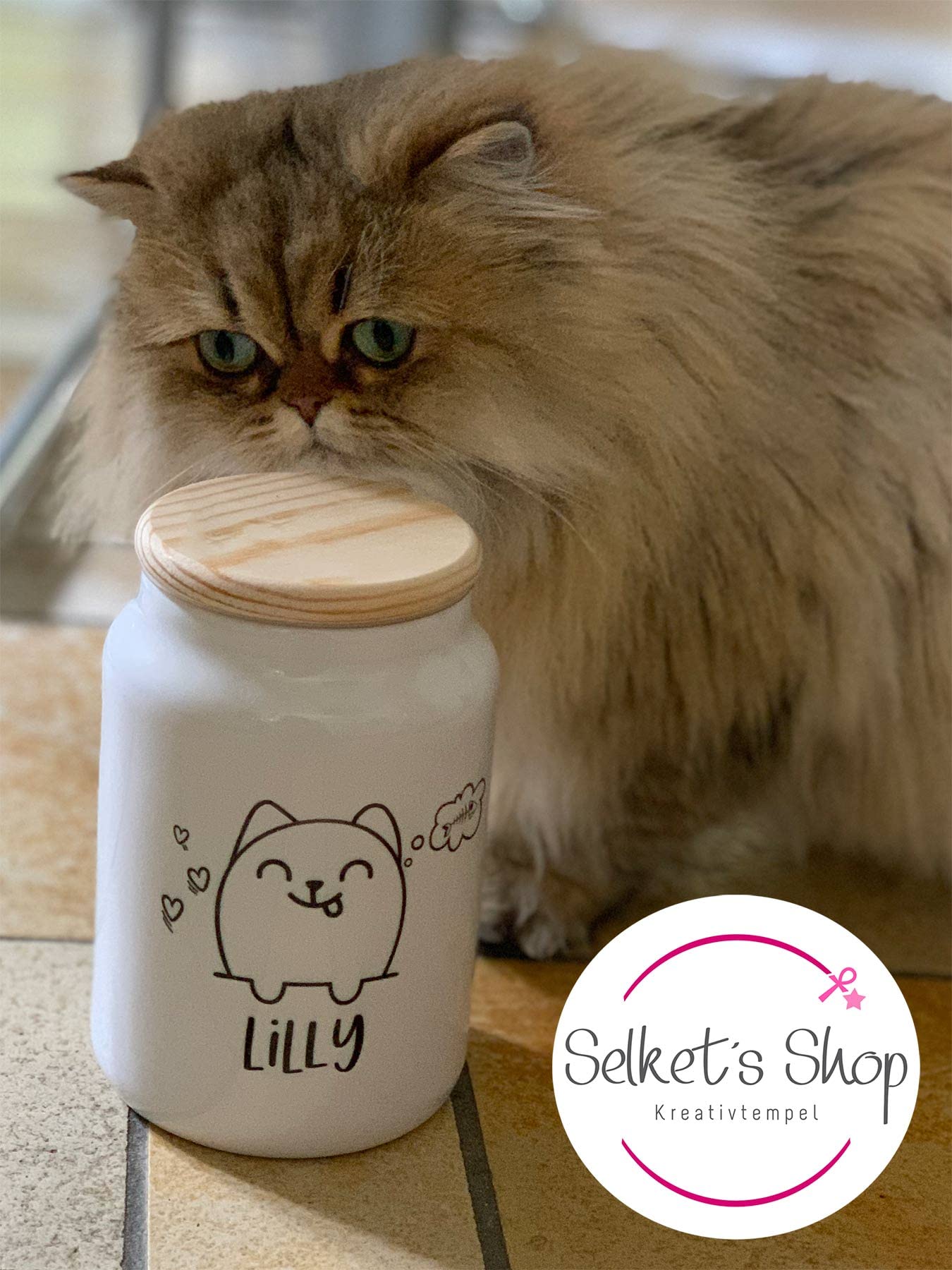Selket's Shop Keramik Leckerli Dose Katze – personalisiert mit Name – Keksdose für Snacks, Trockenfutter & Leckerlis