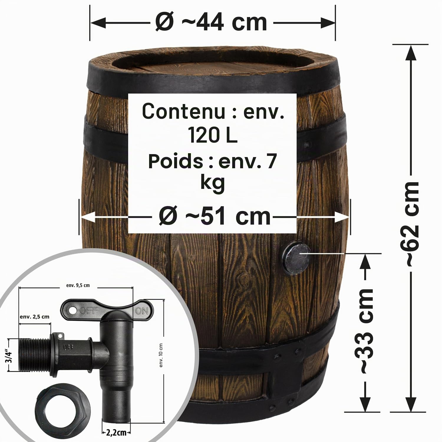 Amur Tonneau récupérateur d'eau aspect chêne 120 l
