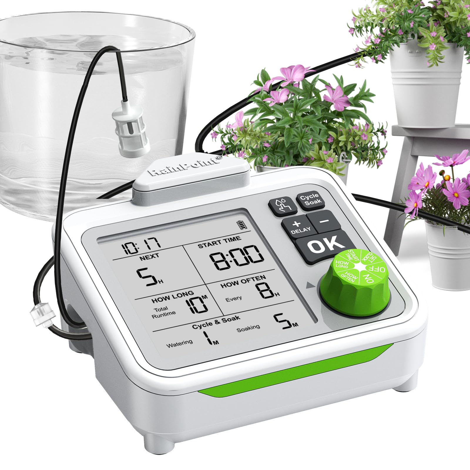 RAINPOINT Large Display Automatic Plant Waterer Indoor for Pot Plant,Cycle & Soak Mode Vacation Self Watering Drip Irrigation System Device Kit Herb Garden Greenhouse Grow Tent Water 10-15 Plants