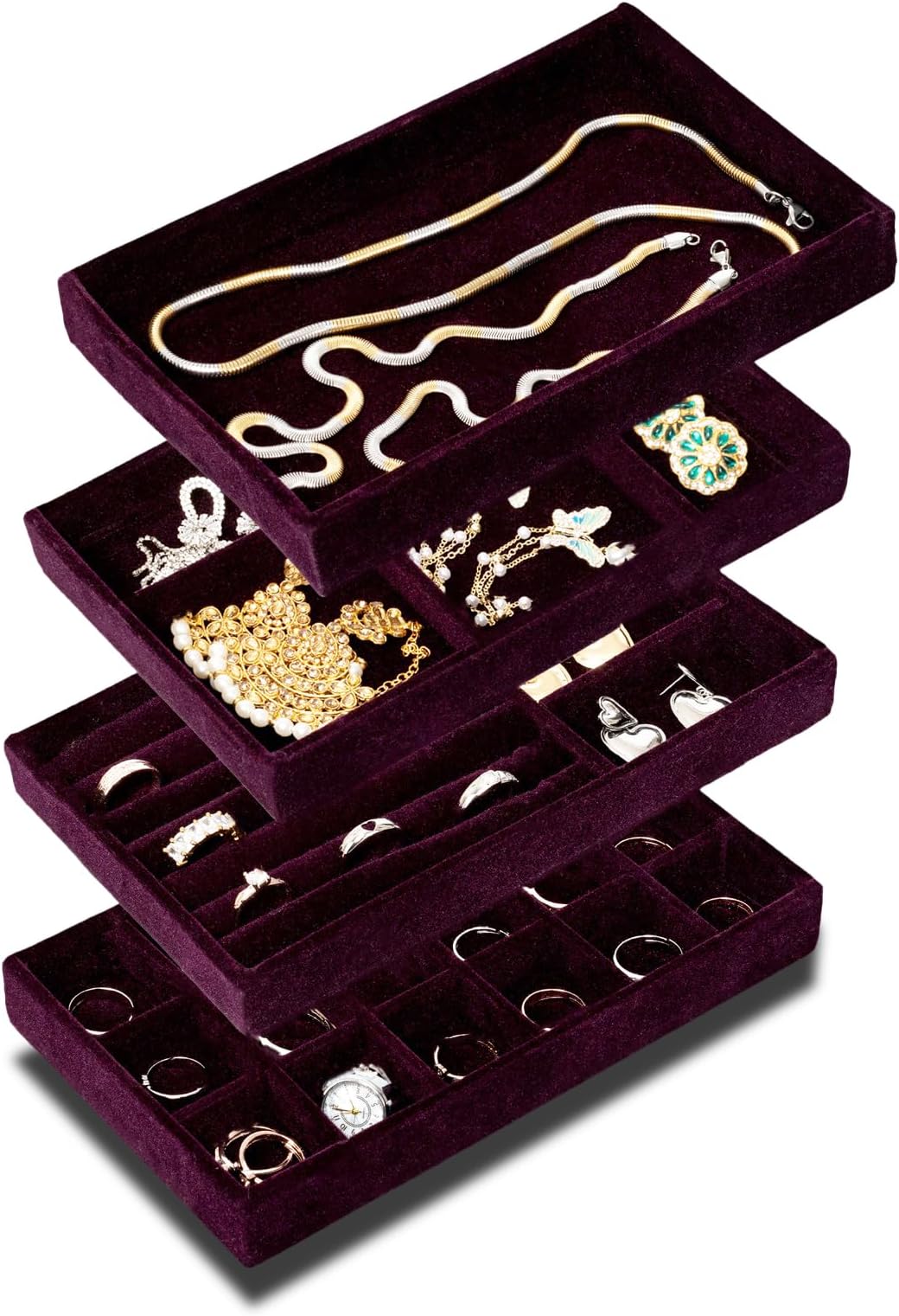GenericMASTANO 4Pcs Velvet Jewelry Tray Organizer for Drawers, Jewelry Storage Display Tray Showcase for Dresser Inserts, Multi-Slot Design. (Dark Wine)