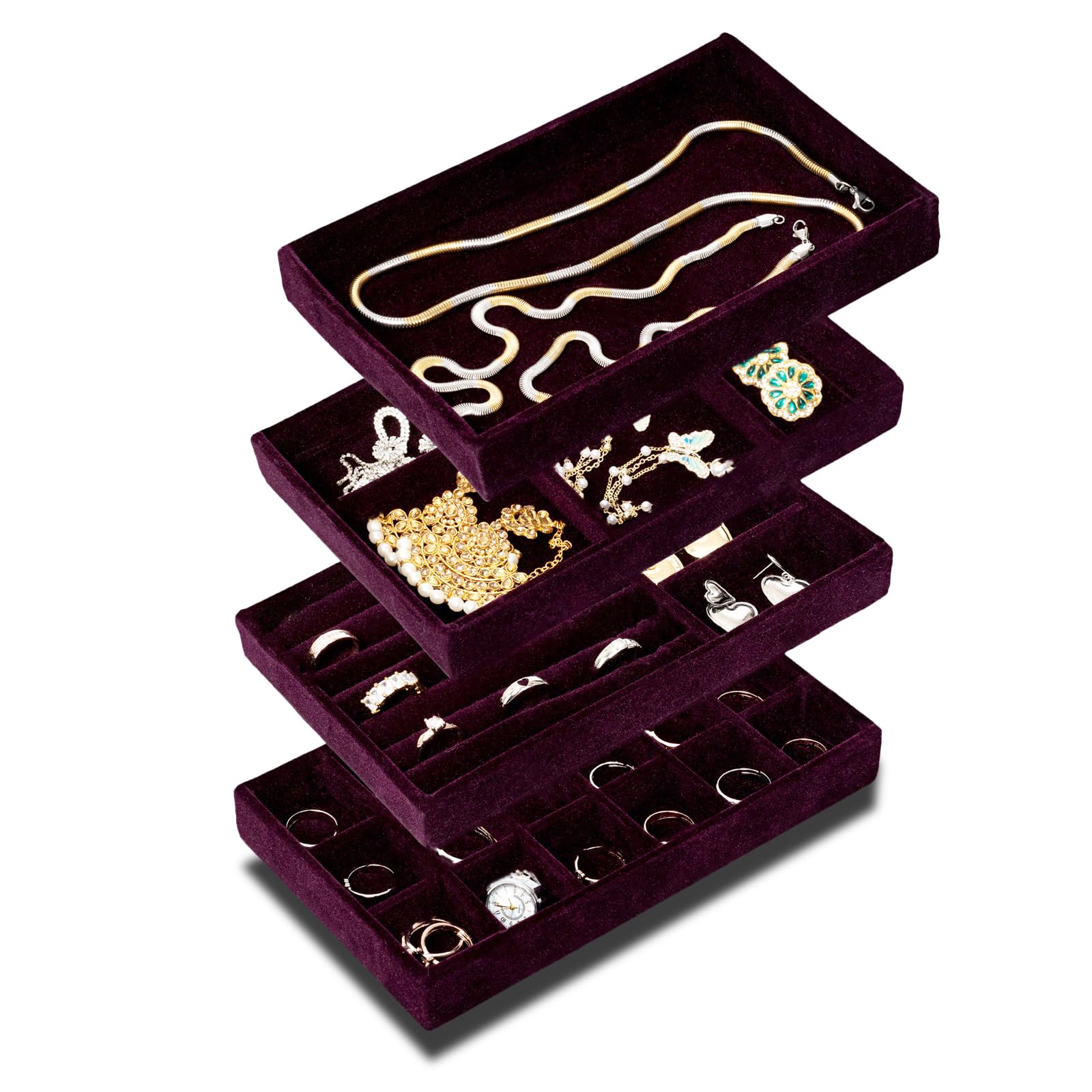 GenericMASTANO Velvet Jewelry Tray Organizer for Drawers, Jewelry Storage Display Tray Showcase for Dresser Inserts, Multi-Slot Design.(Dark Wine) (Set of 4)