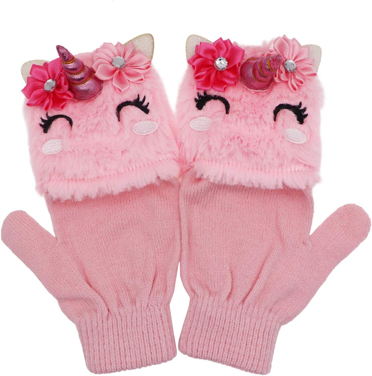 Kids Unicorn Flip Top Gloves with Mitten Cover Knitted Winter Fingerless Convertible Mittens for Boy Girls Toddler