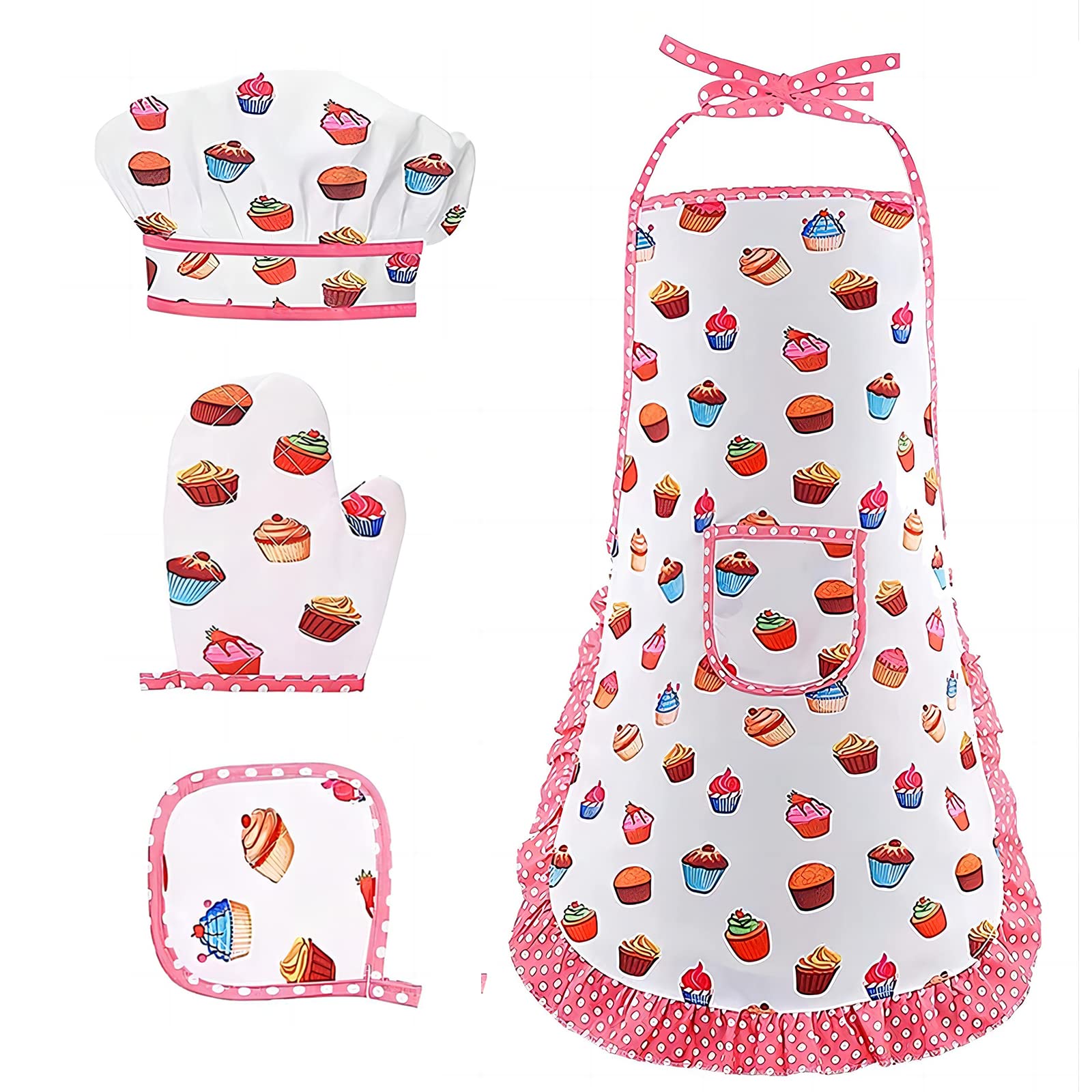 Bailinks 4 Pcs kids aprons for cooking, kids baking set Includes Apron, Chef Hat, Oven Glove, Heat-Resistant mat for Kids Boys Girls Toddler, Children Cooking Set