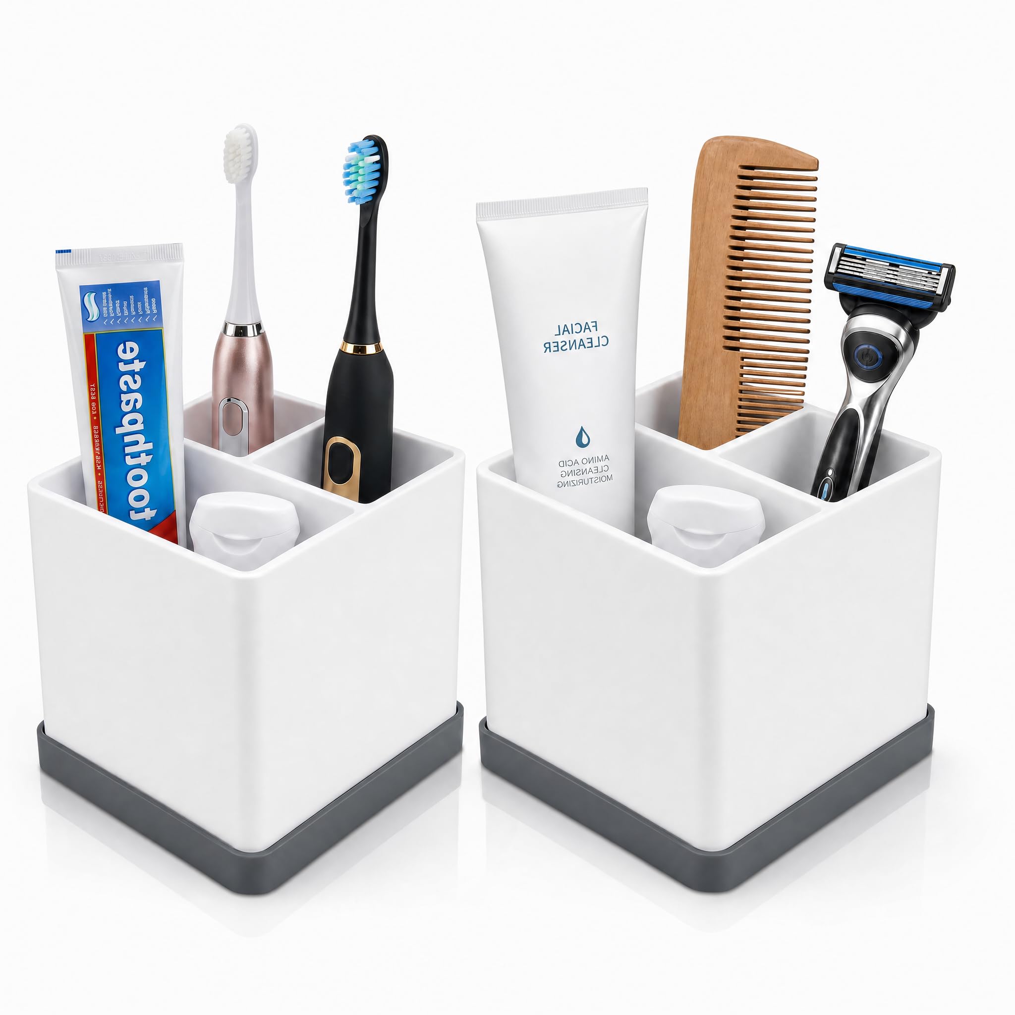 2Pcs Zahnbürstenhalter aus Silikon, 10x10x9cm 3-Fächer-Zahnbürstenhalter für das Badezimmer mit Abflusslöchern, mit herausnehmbarer Schale，Geeignet für Kosmetika und Bleistifte（Grau + Weiß）
