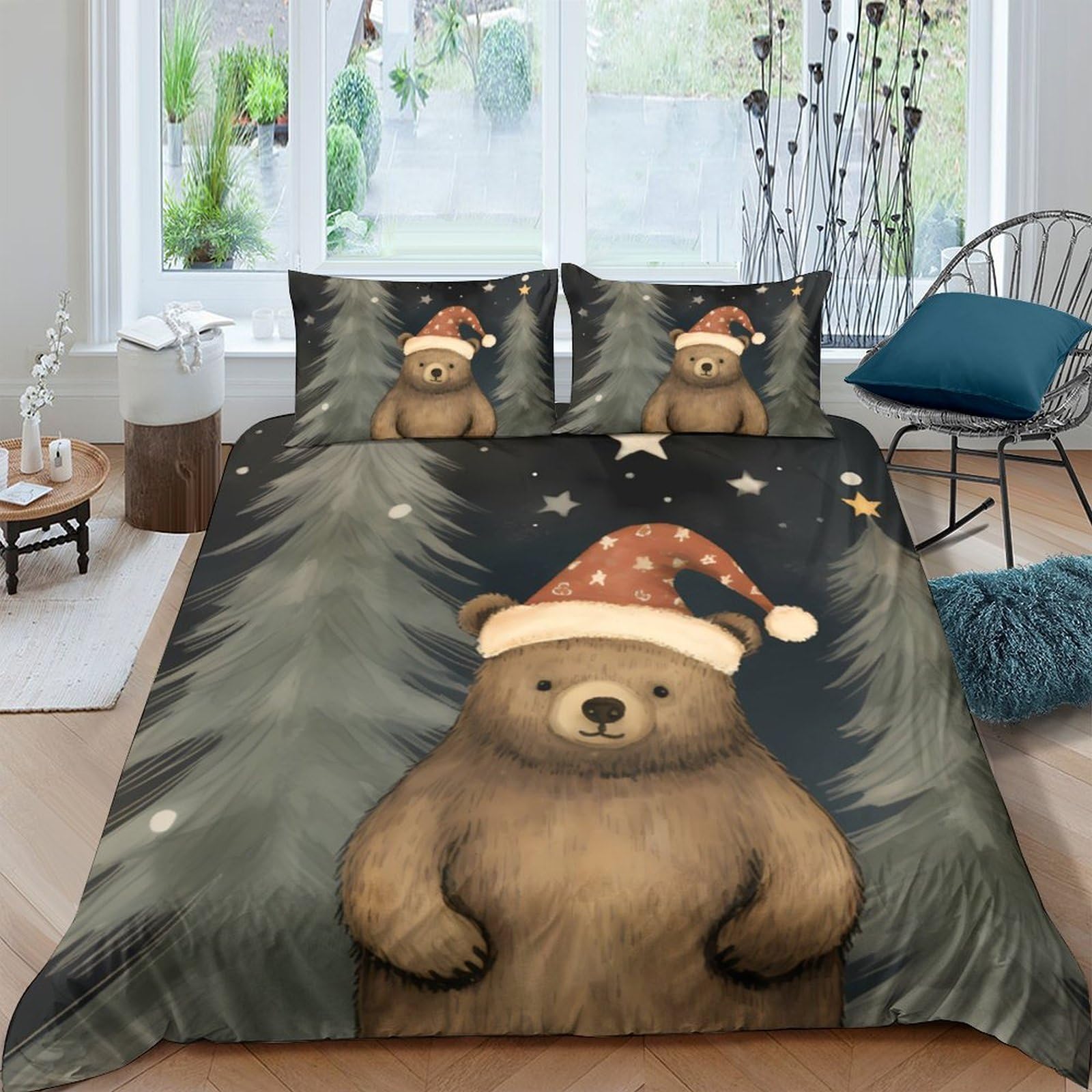 Ctjqhvkz Style-7 3D Printed Christmas Bear Fitted Sheet Microfiber Soft Breathable Pine Forest Mattress Cover For Bedroom Decor Single（135X200cm）