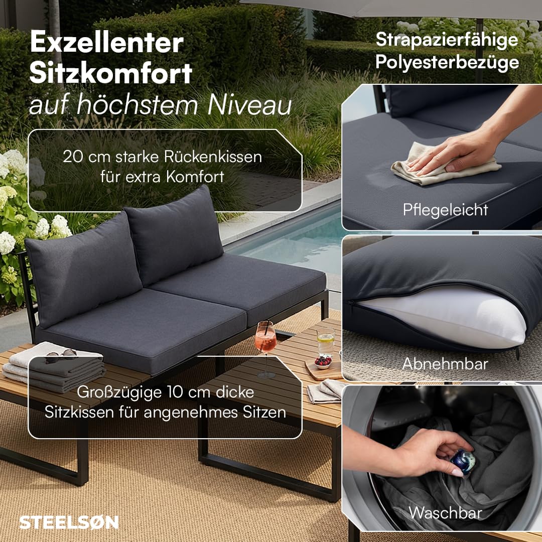 STEELSØN Zandra Gartenlounge Outdoor – modulares Gartenmöbel Set mit Ecksofa & Tisch wetterfest – Balkonmöbel aus Akazien Holz & Stahl mit Kissen in schwarz – Loungemöbel für Garten/Terasse/Balkon