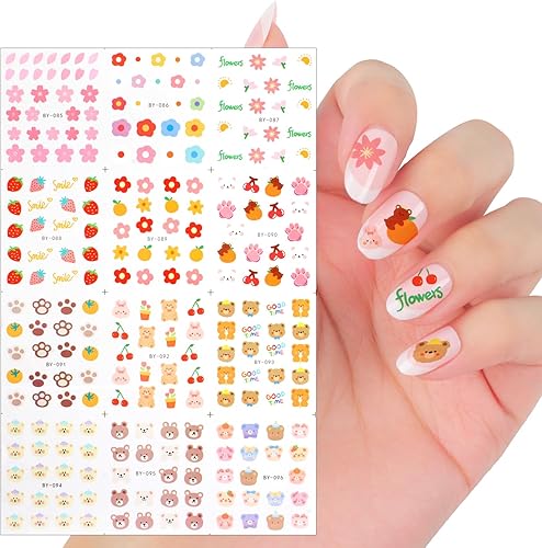 Calcomanías de uñas para mujeres y niñas pequeñas, juego de decoración de uñas de animales lindos animales, frutas, garra para mujeres, niños y