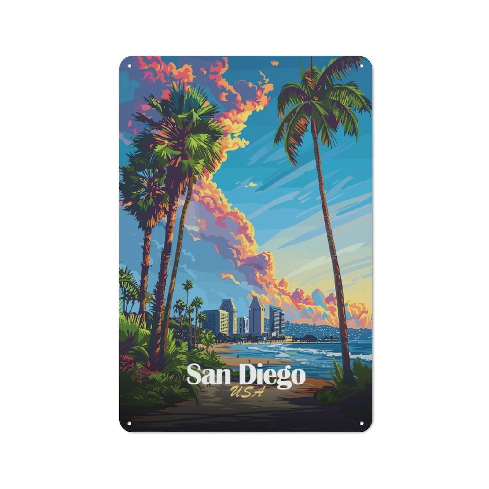 San Diego Sunset Decorative Tin Sign 30x20cm, Distressed Look Vintage Wall Decor for Lounge, Study, Pub Or Wall Gallery