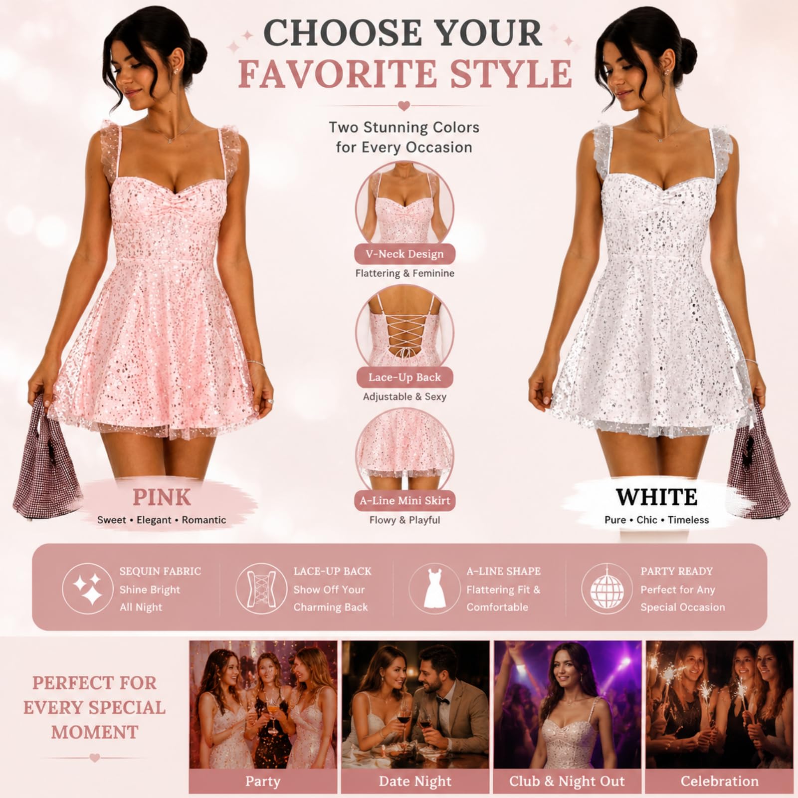 GFZMF - Mini abito da donna con scollo a V e paillettes, linea A, schiena scoperta, schiena scoperta, abito corto