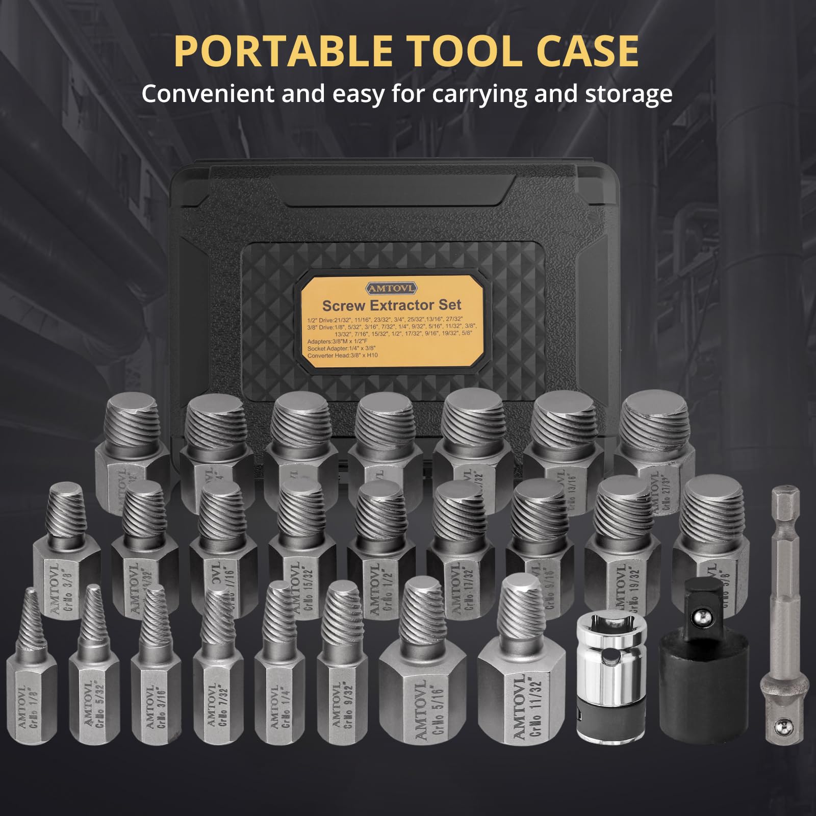 AMTOVL Set di 27 estrattori per viti, con adattatore a testa esagonale, multi-scanalatura, facile da estrarre, 1/2" 3/8", testa esagonale