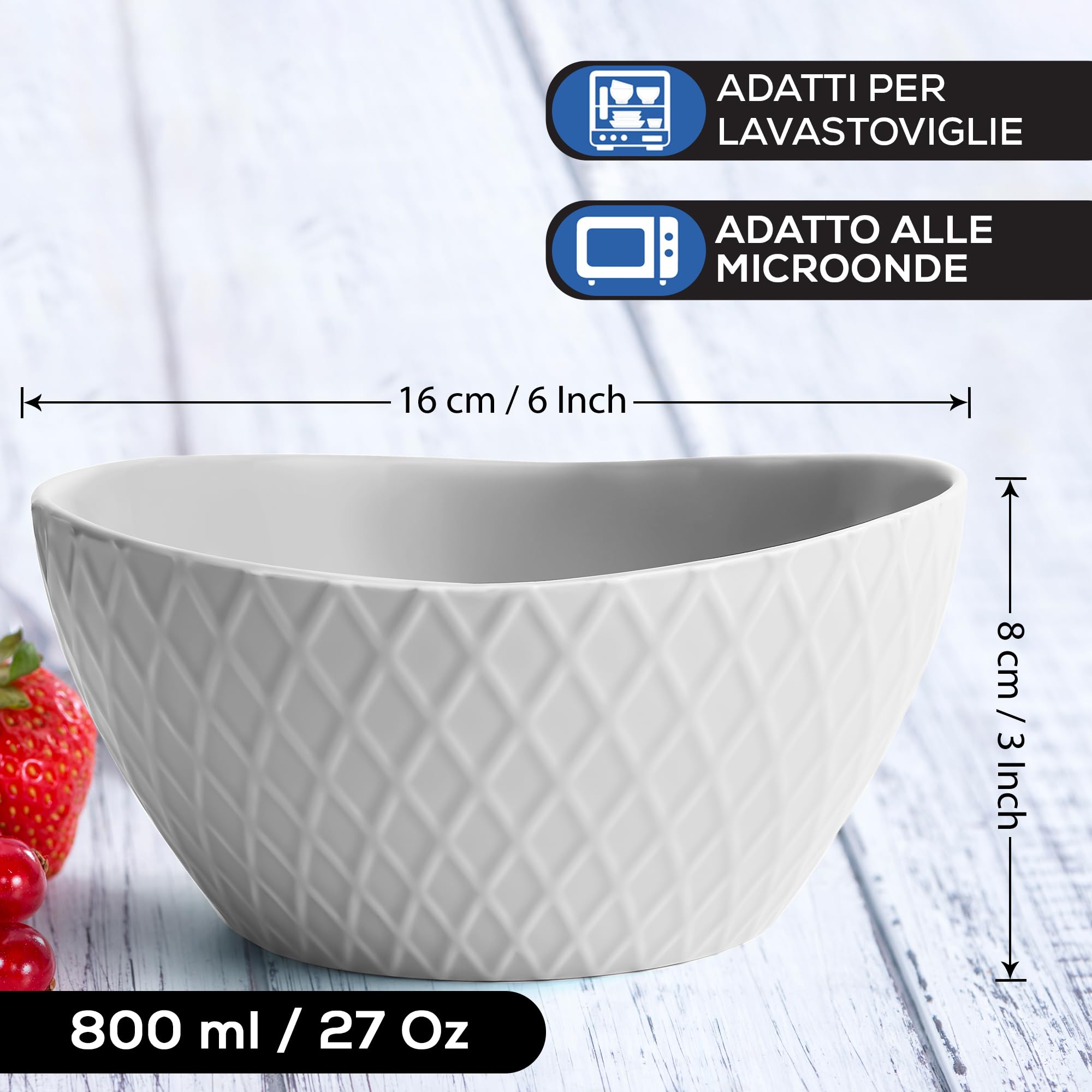 Set Di 6 Ciotole Grandi In Ceramica (800 Ml): Design Sfaccettato, Per Insalate, Zuppe E Cereali. Lavabili In Lavastoviglie.